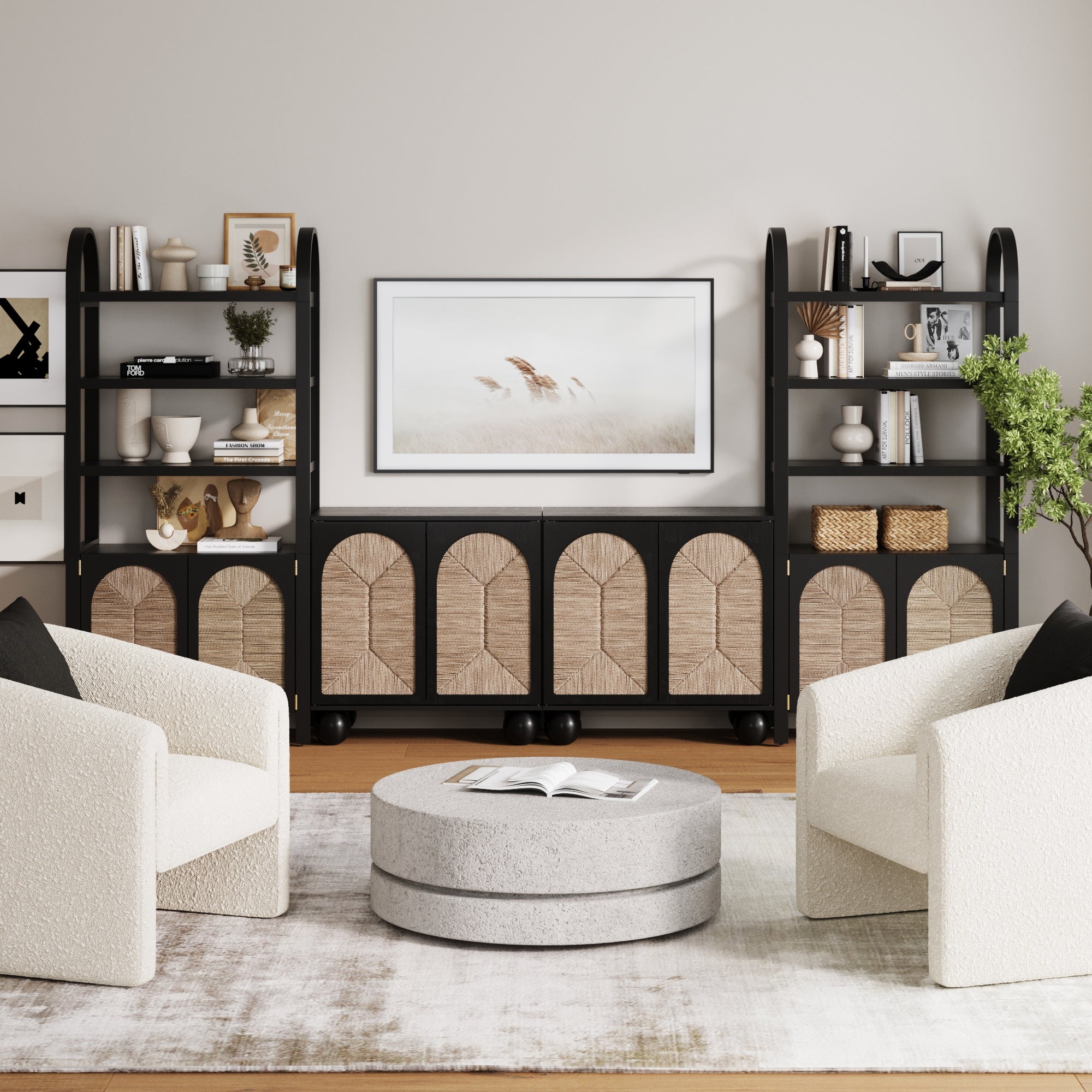 Boho Seagrass Arched Bookshelf Black (Set of 2)