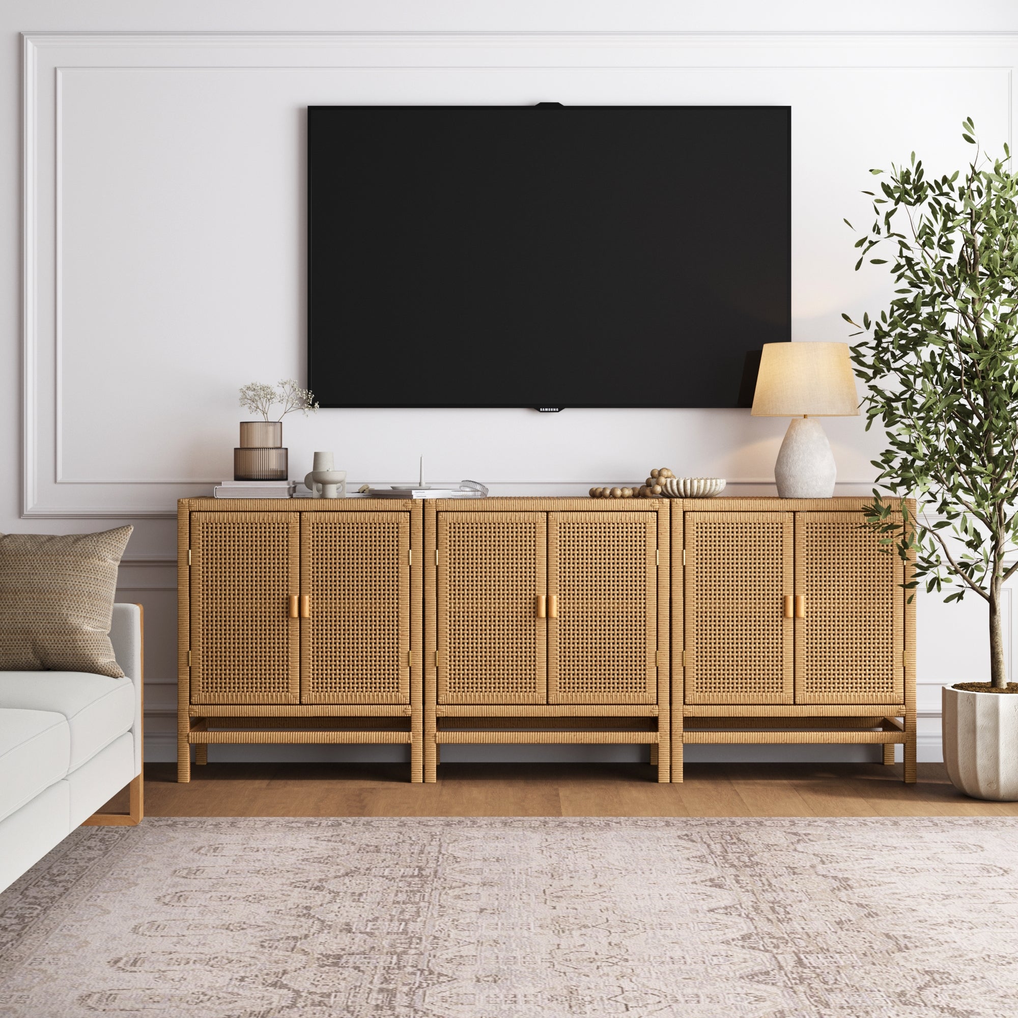 Rattan Wrapped TV Console Credenza Light Golden Oak (Set of 3)