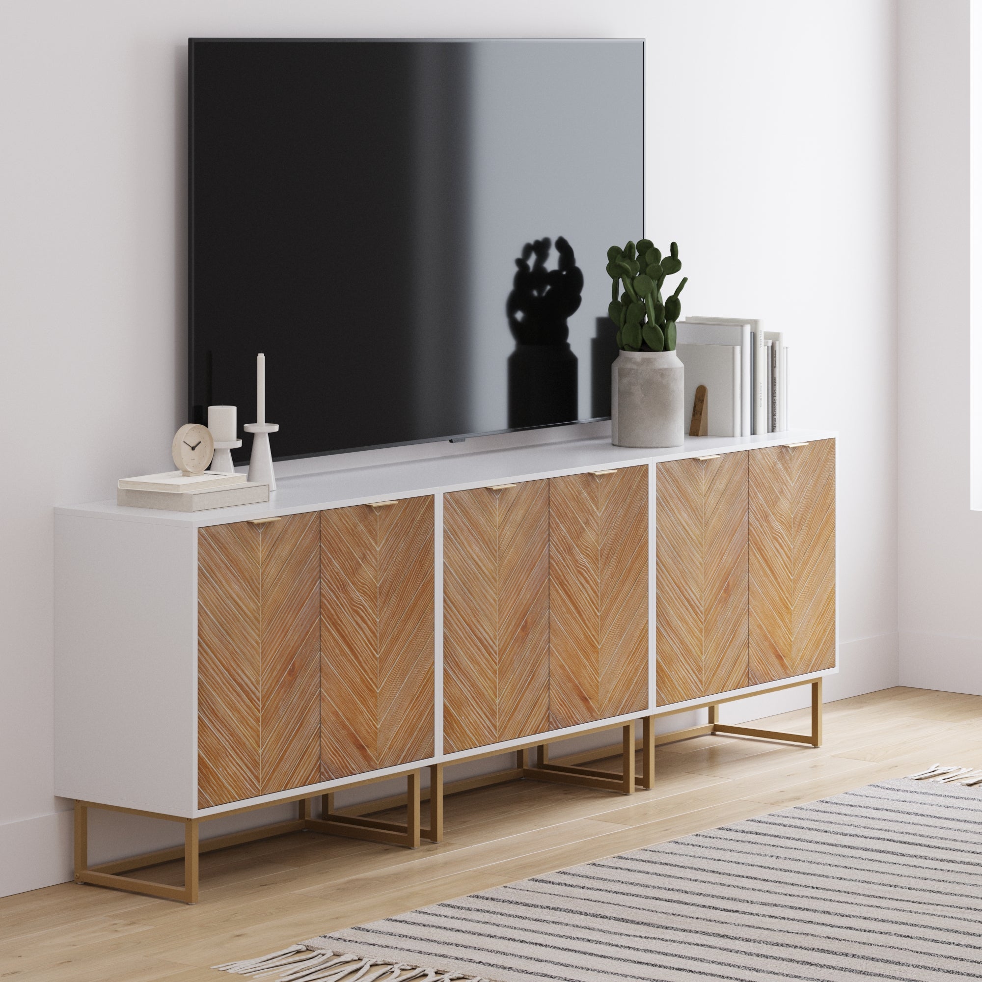 Herringbone TV Console Credenza White (Set of 3)