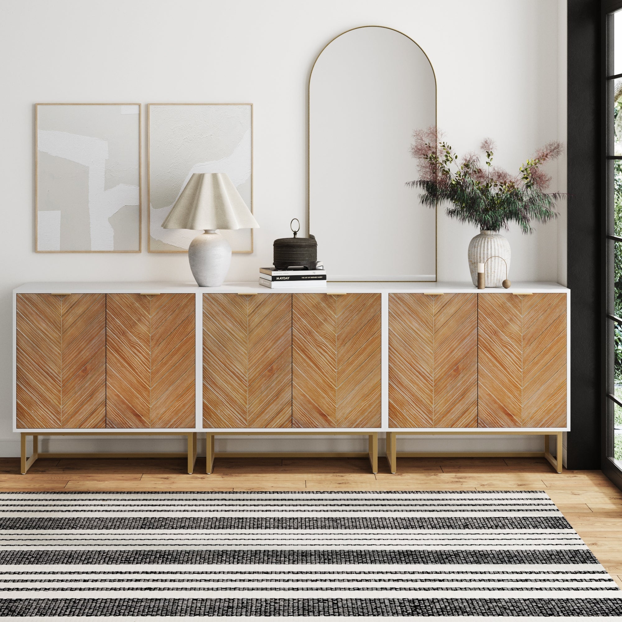 Herringbone TV Console Credenza White (Set of 3)