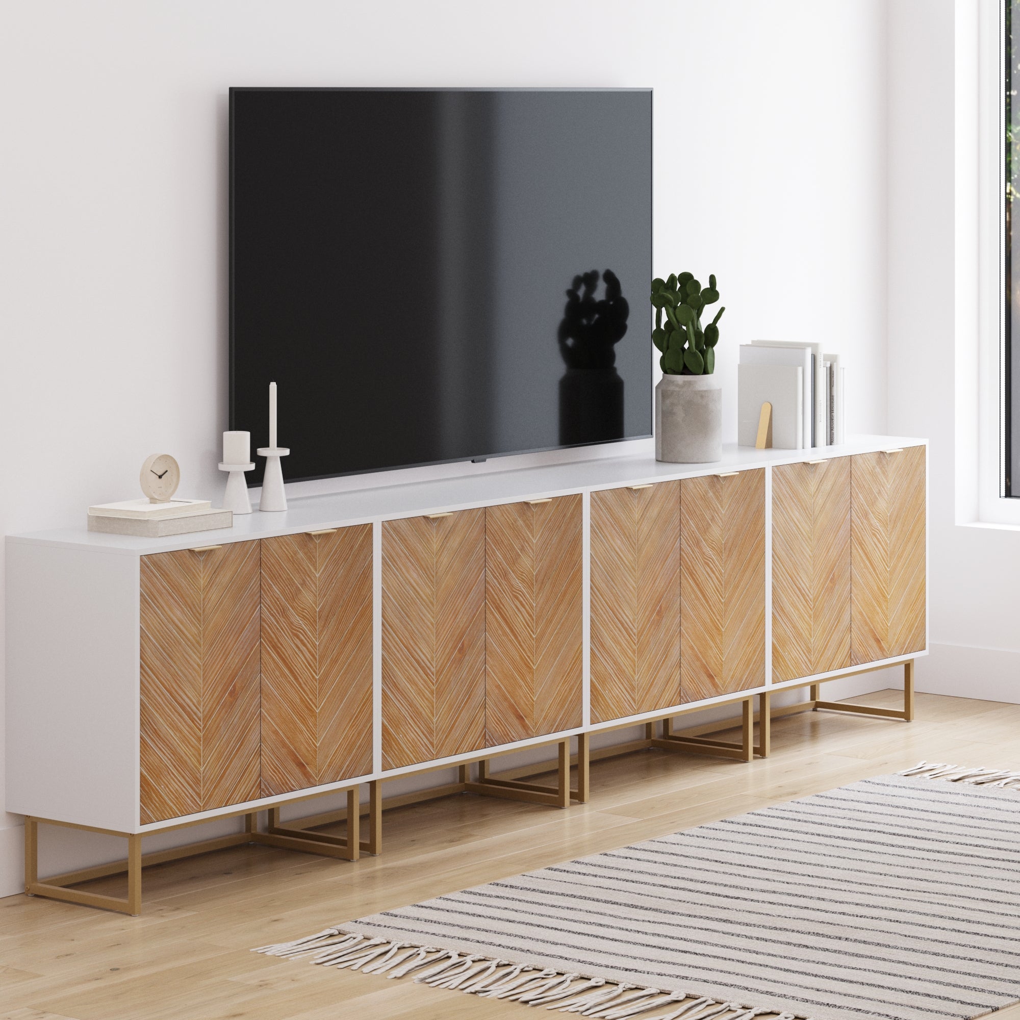 Large Herringbone TV Console Credenza White (Set of 4)