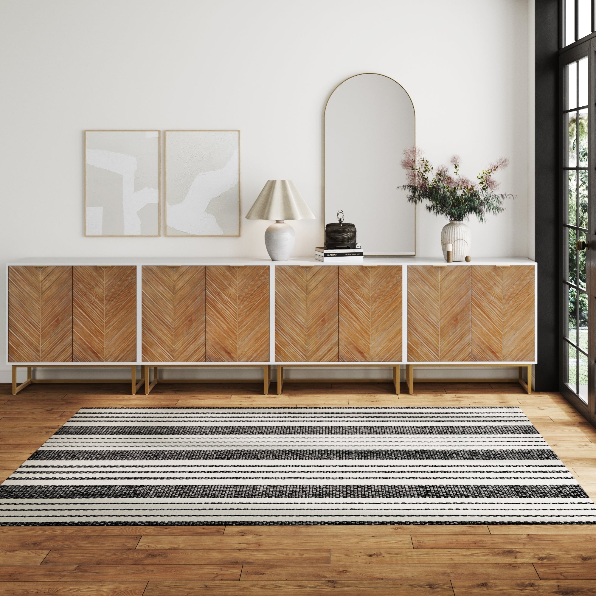 Large Herringbone TV Console Credenza White (Set of 4)