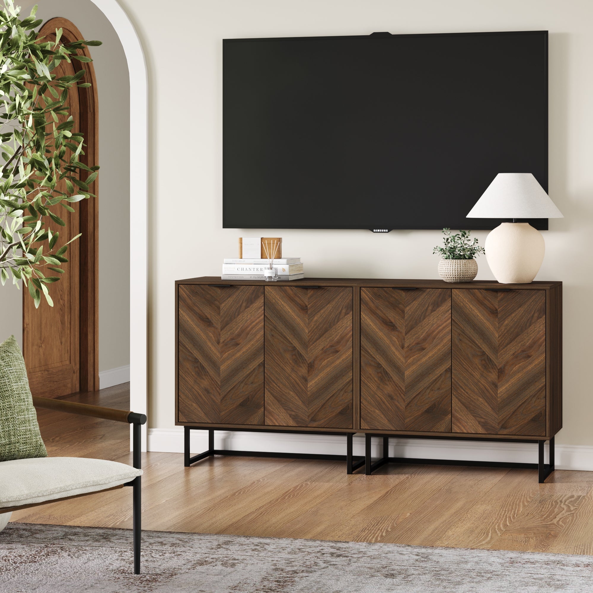 Wood Herringbone TV Console Credenza Walnut (Set of 2)