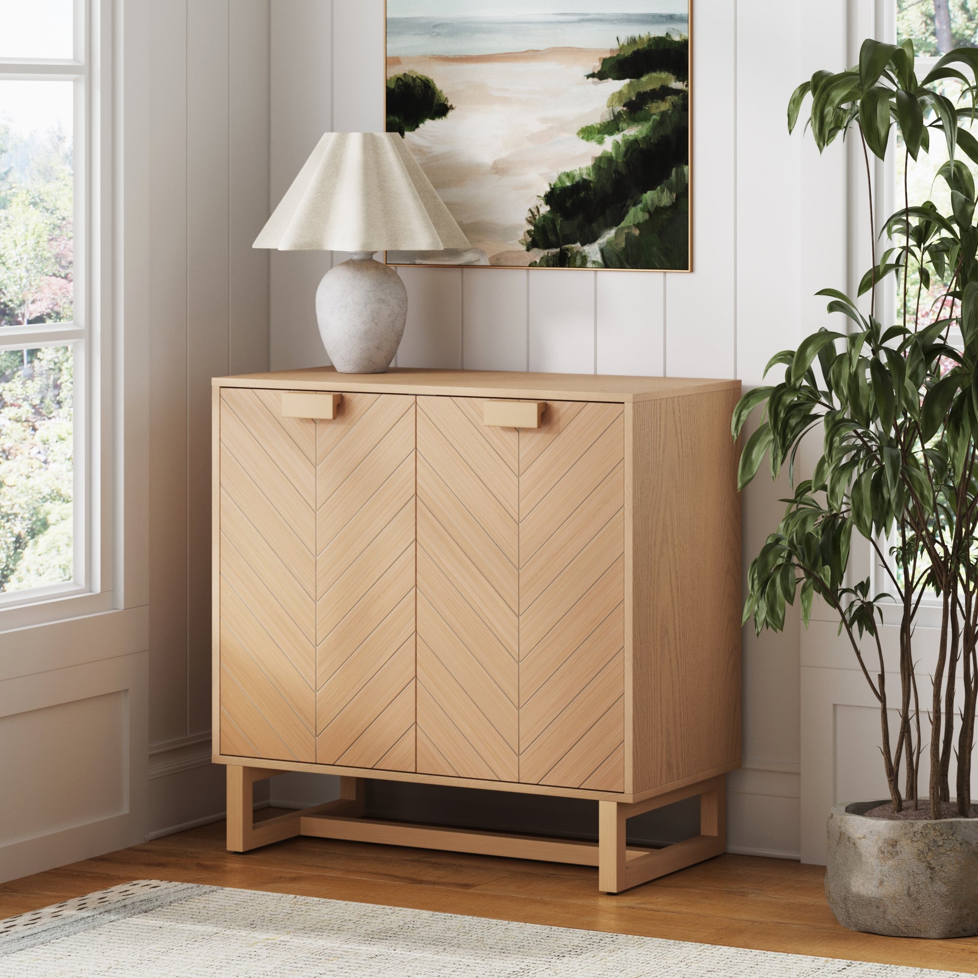 Wood Herringbone 2-Door Accent Cabinet Raw Oak