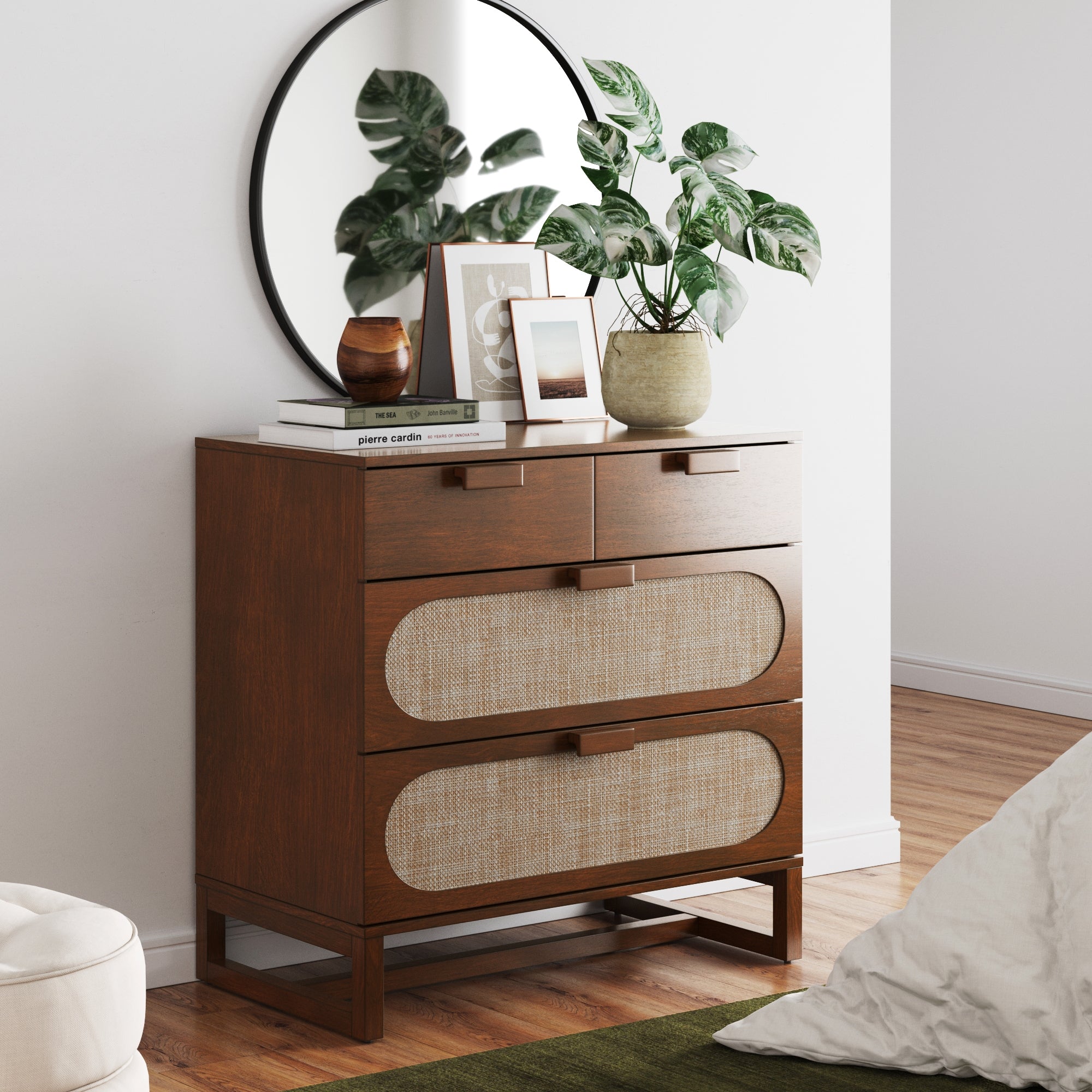 Mid-Century Rattan 3-Drawer Dresser Dark Acacia