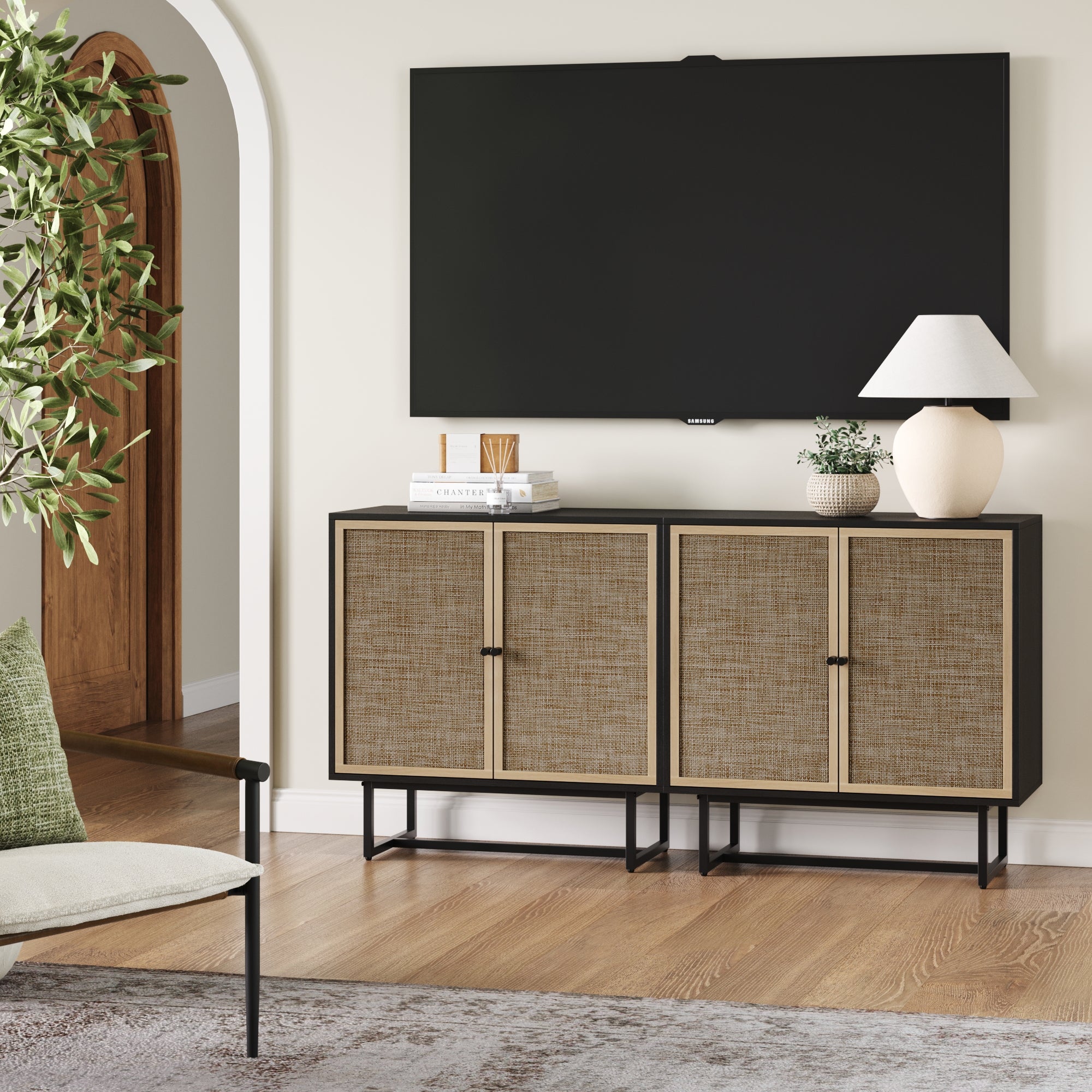 Rattan TV Console Credenza Black (Set of 2)