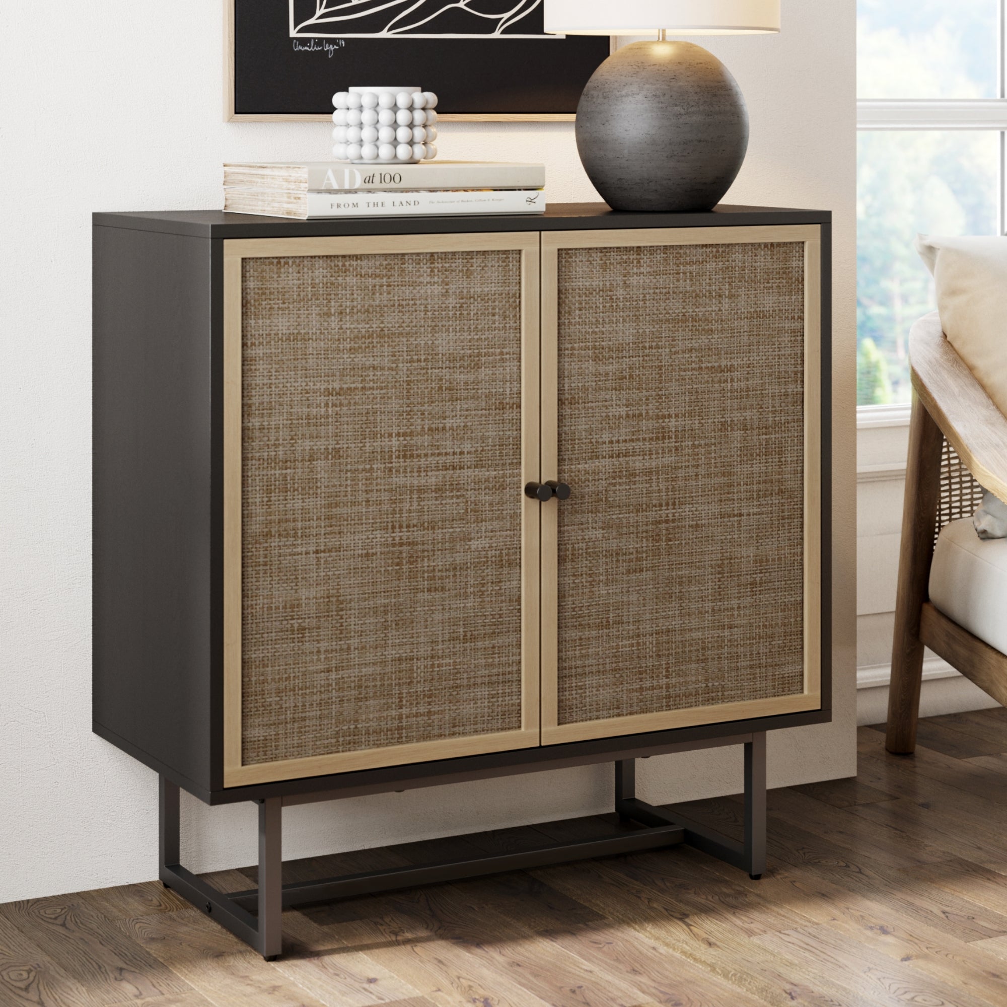 Wood & Rattan Storage Cabinet Black