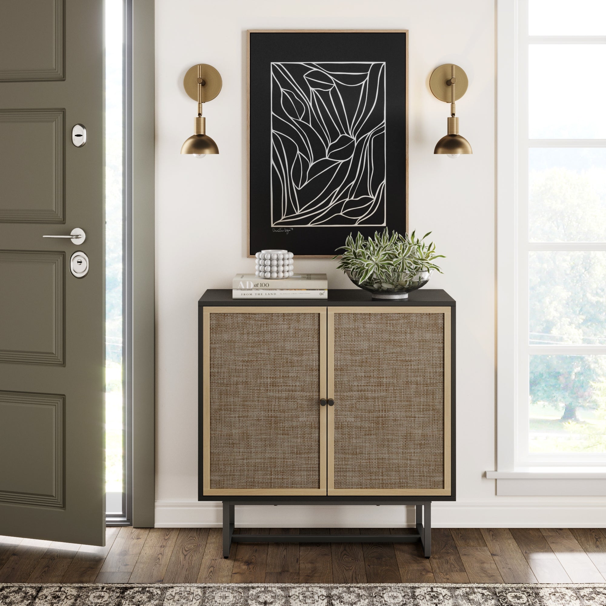 Wood & Rattan Storage Cabinet Black