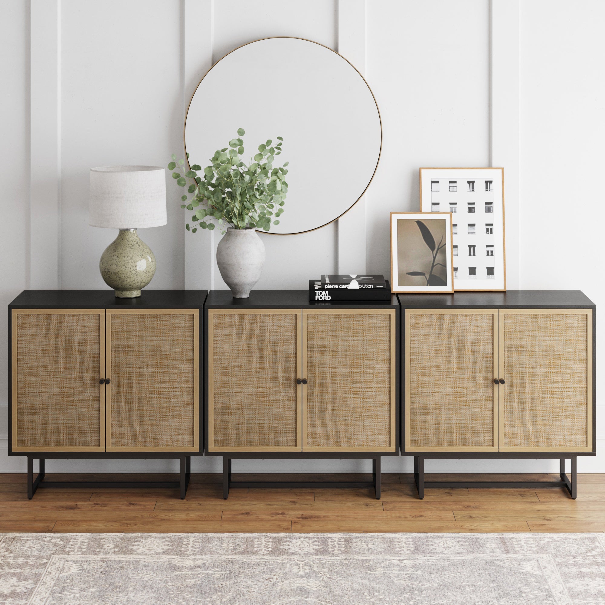 Rattan TV Console Credenza Black (Set of 3)