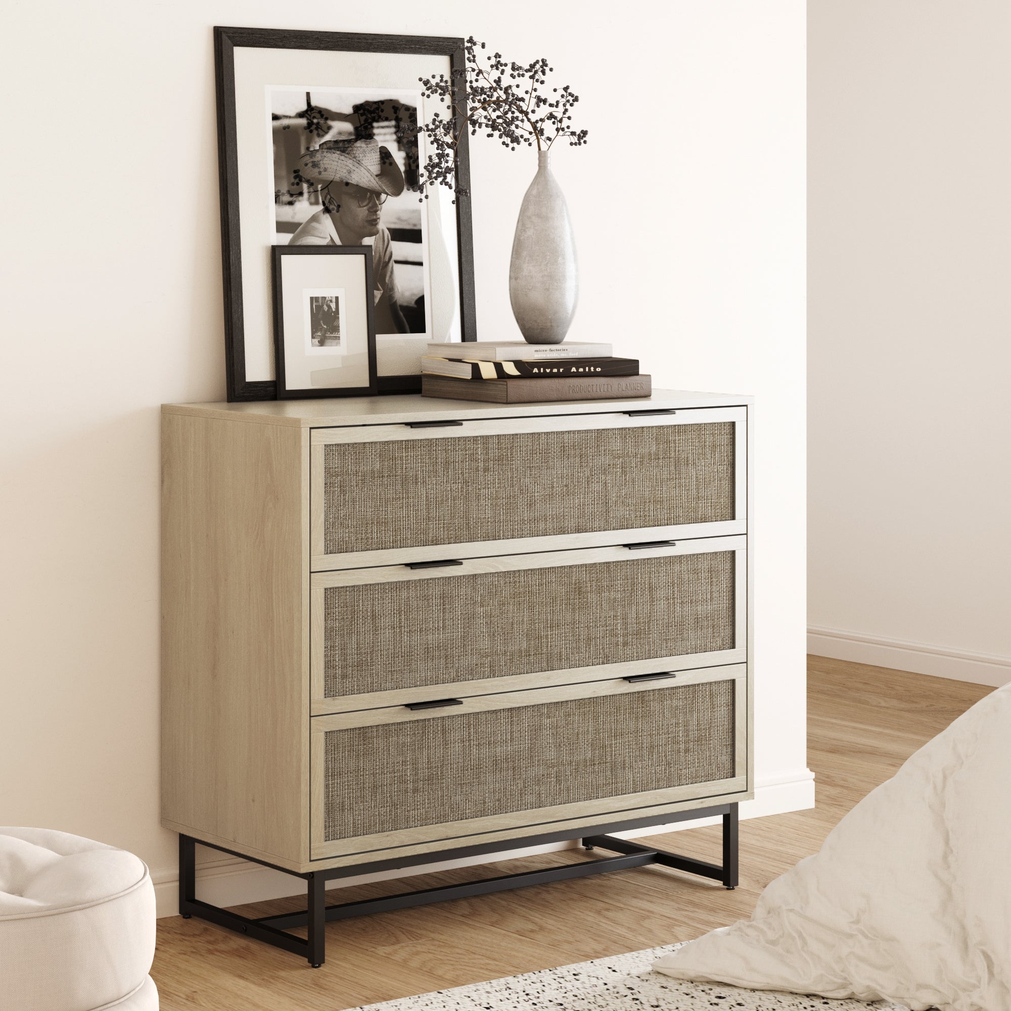 Rattan, Wood & Metal 3-Drawer Dresser Oak