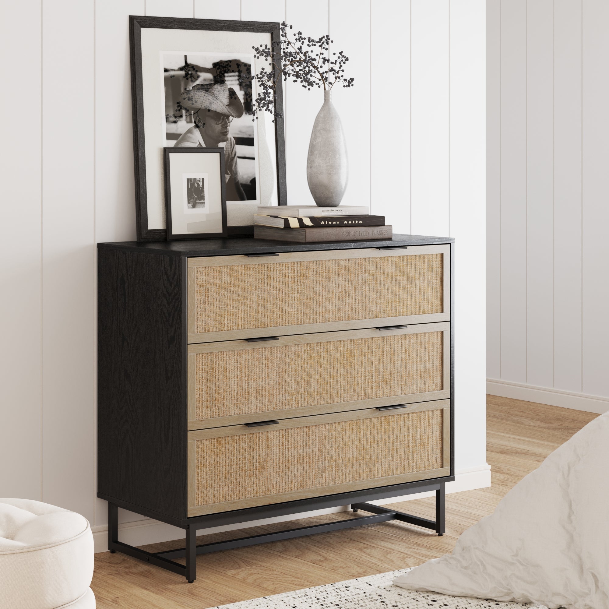 Rattan, Wood & Metal 3-Drawer Dresser Black