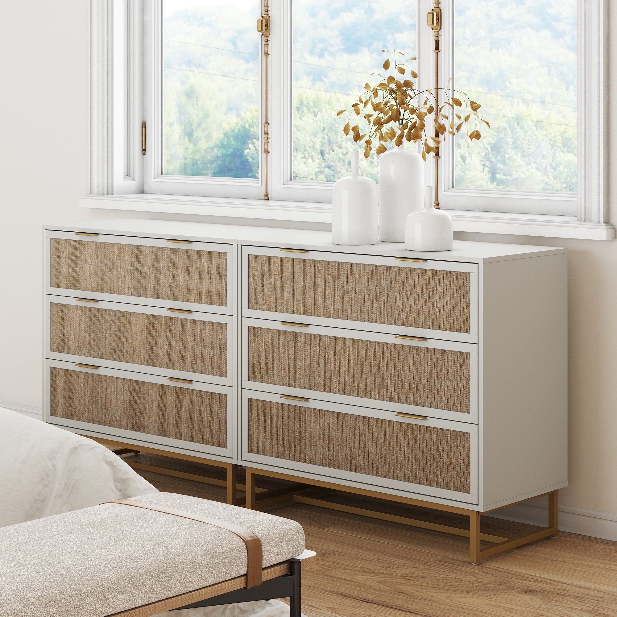 Rattan, Wood & Metal 3-Drawer Dressers White (Set of 2)