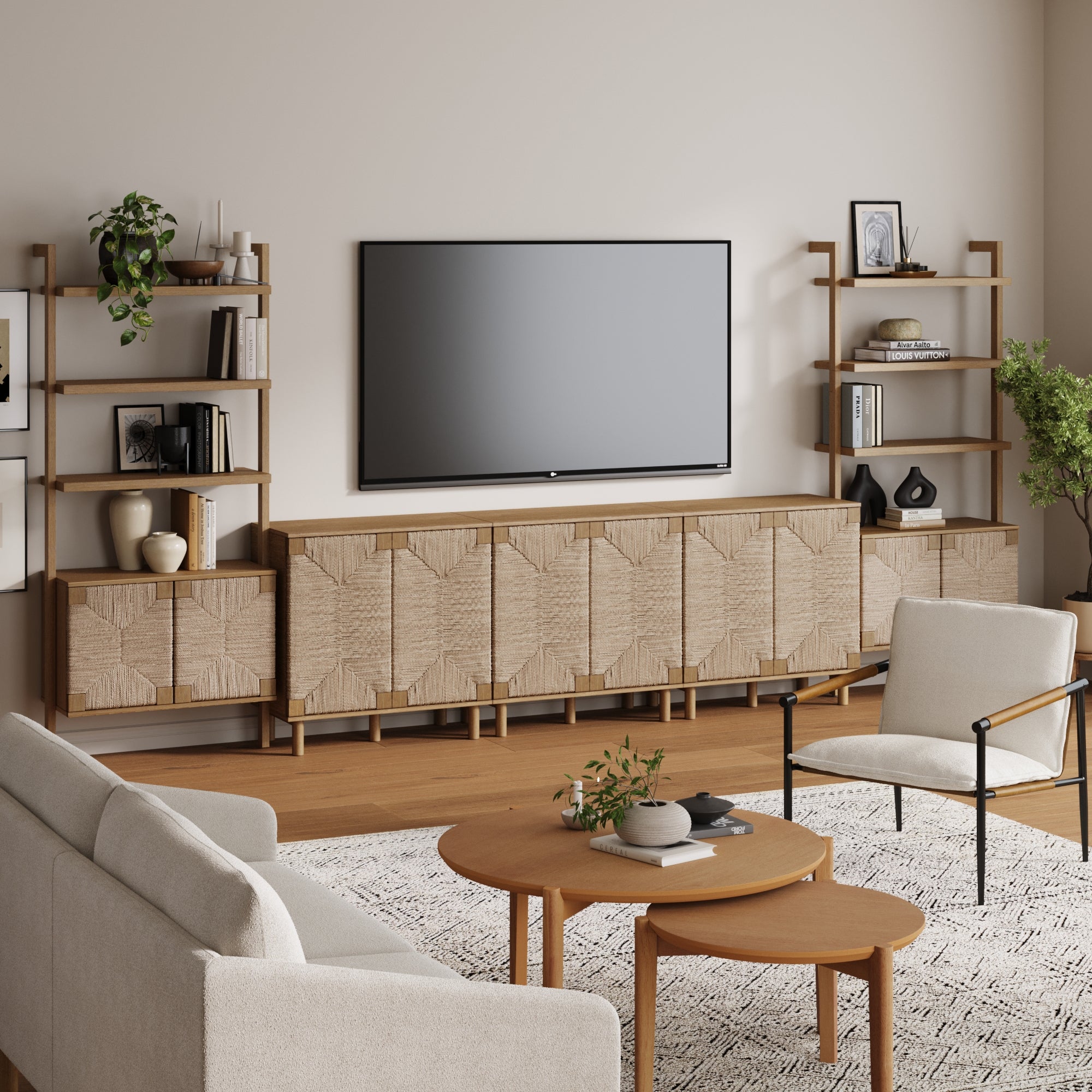 Boho Seagrass Entertainment Center Light Brown (3 Cabinets)