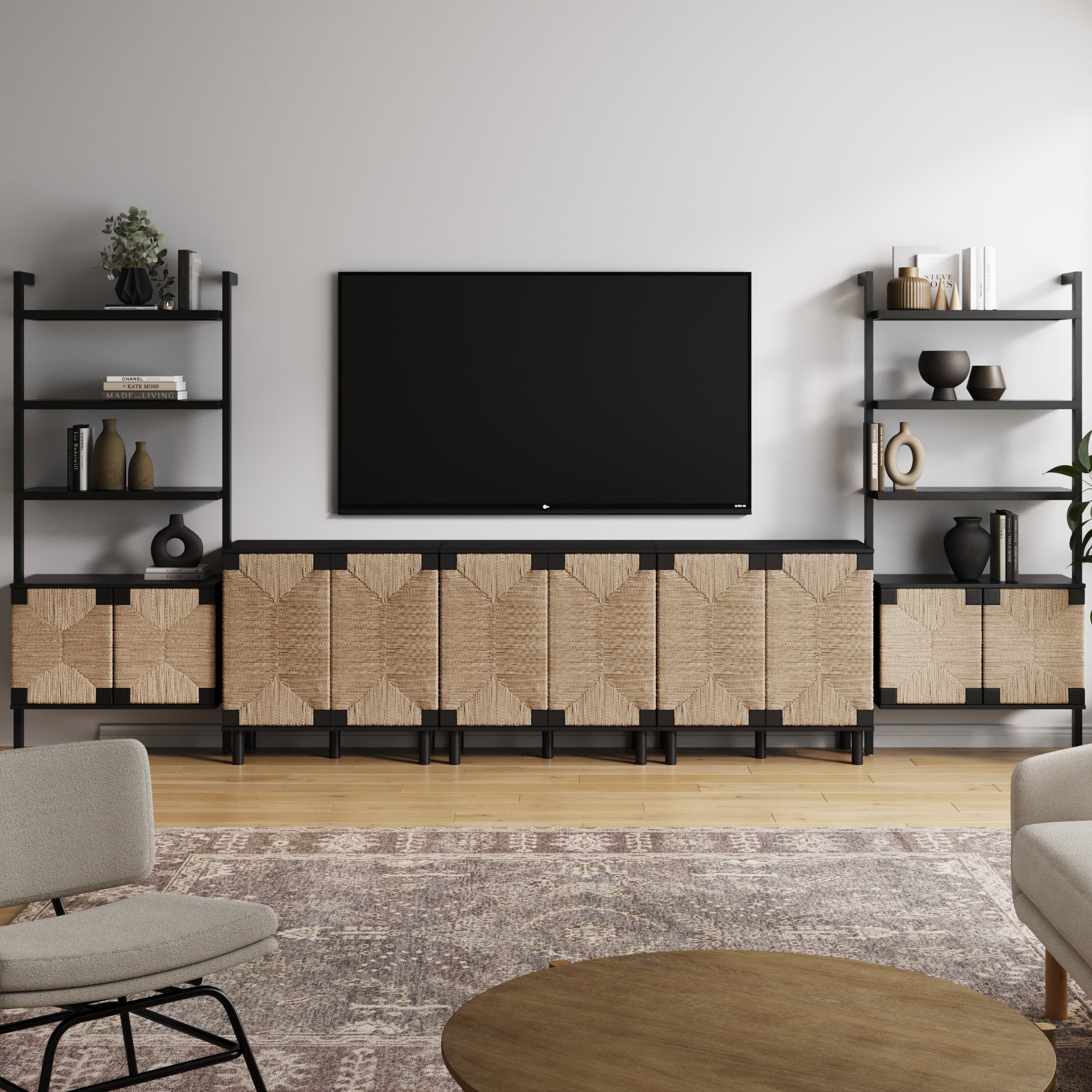 Boho Seagrass Entertainment Center Black (3 Cabinets)