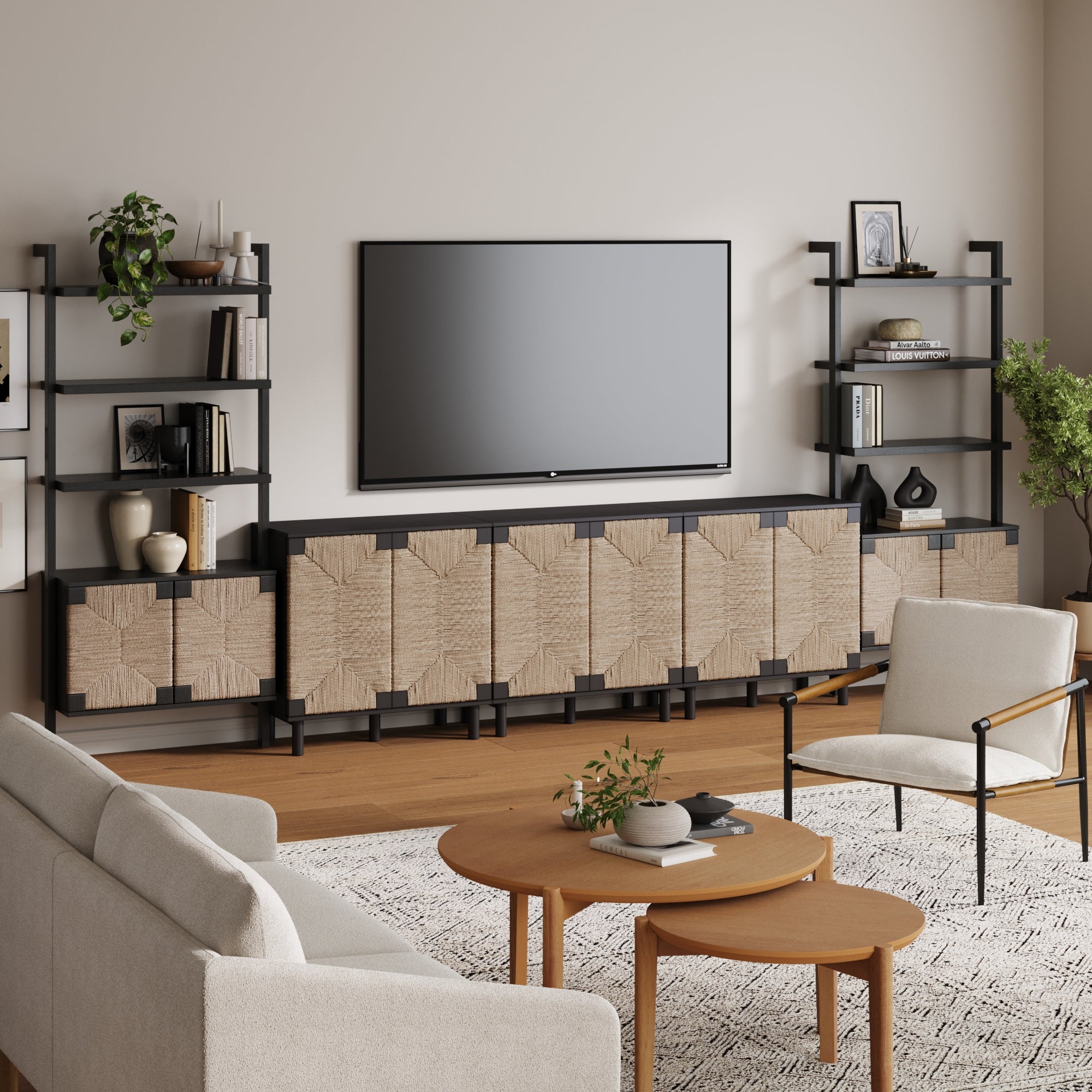 Boho Seagrass Entertainment Center Black (3 Cabinets)