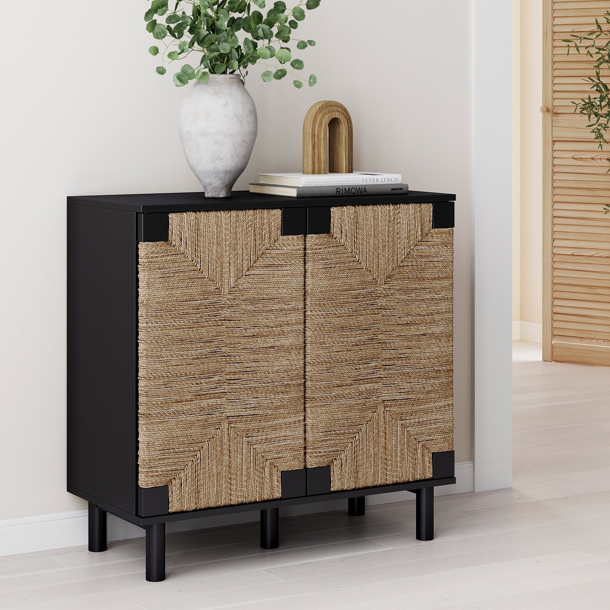 Wood & Seagrass Storage Cabinet White