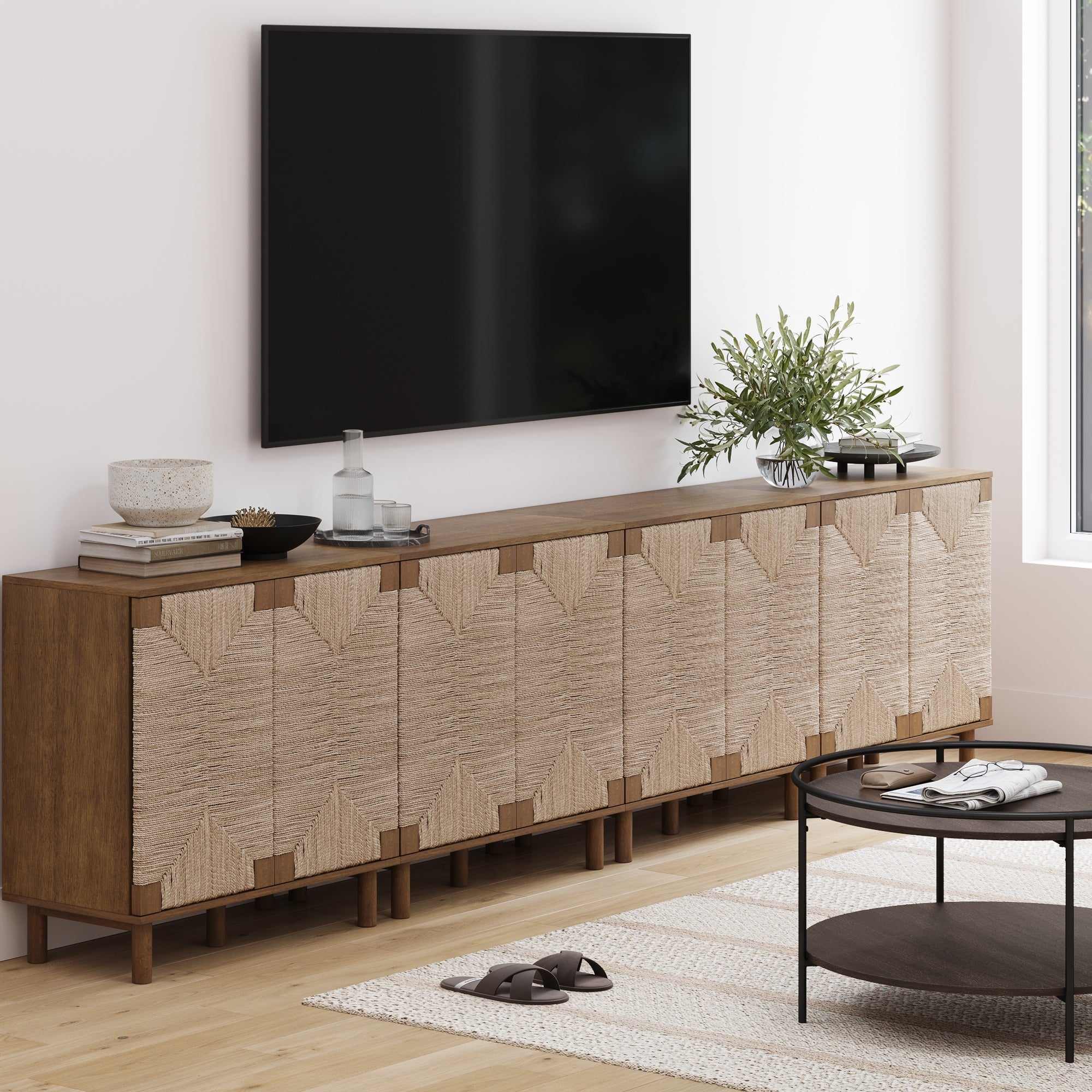 Large Seagrass TV Console Credenza Dark Brown (Set of 4)