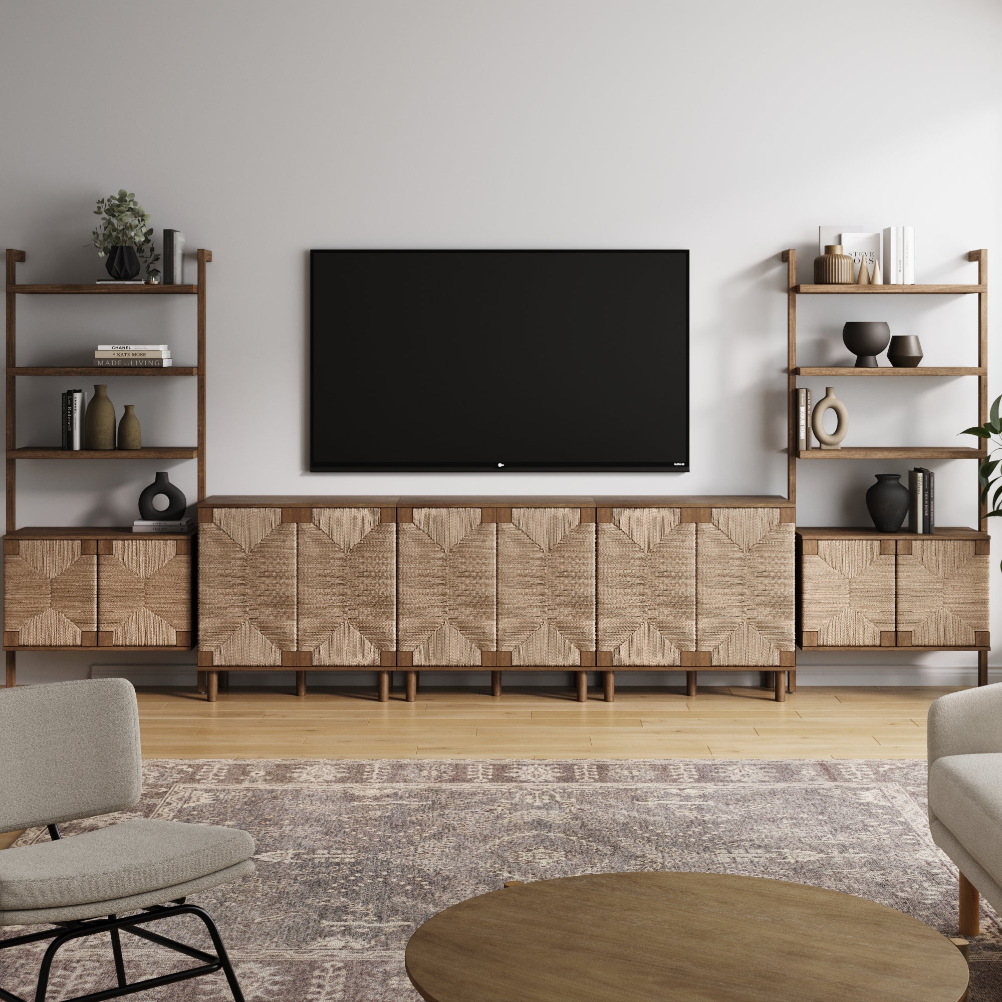 Boho Seagrass Entertainment Center (3 Cabinets)