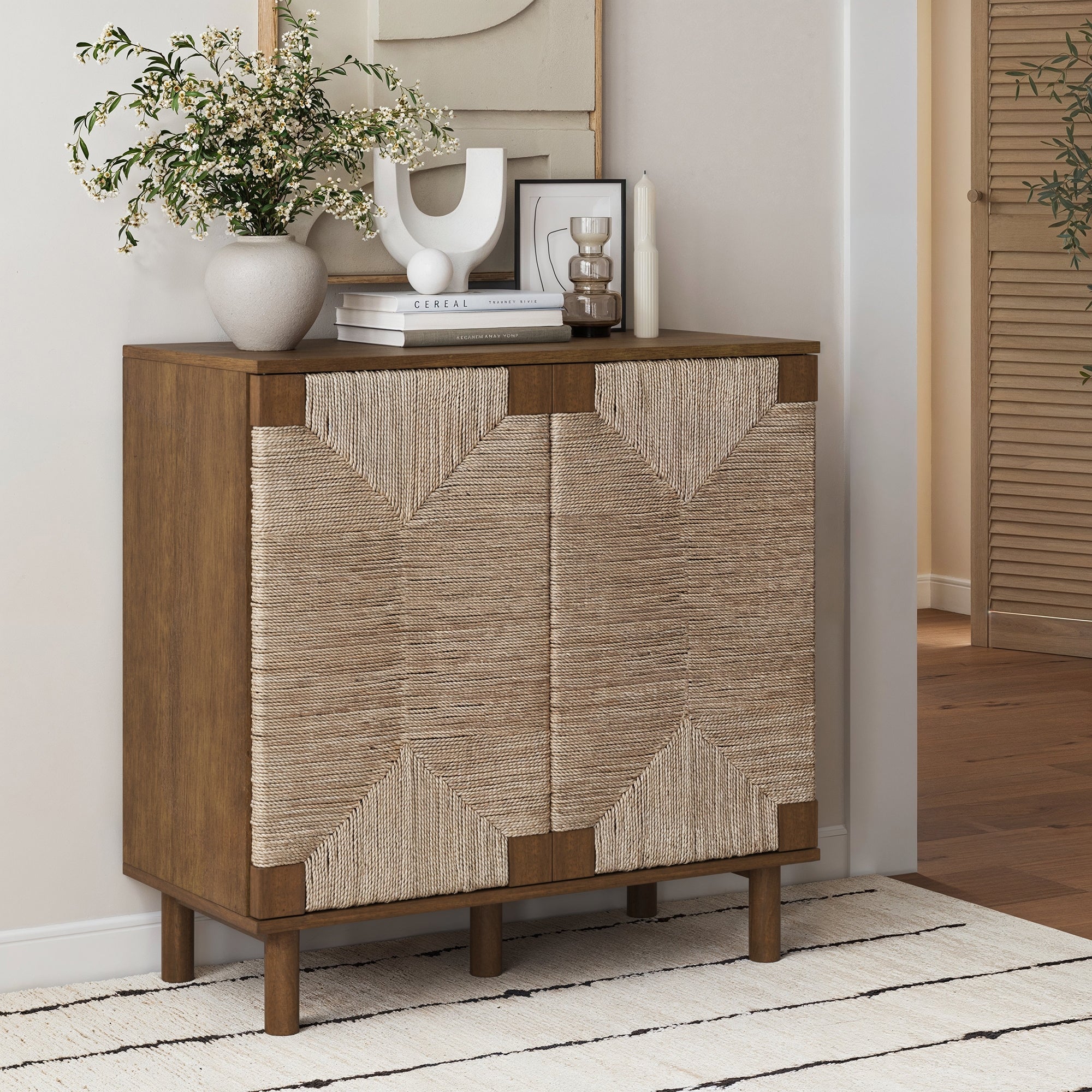 Wood & Seagrass Storage Cabinet Dark Brown