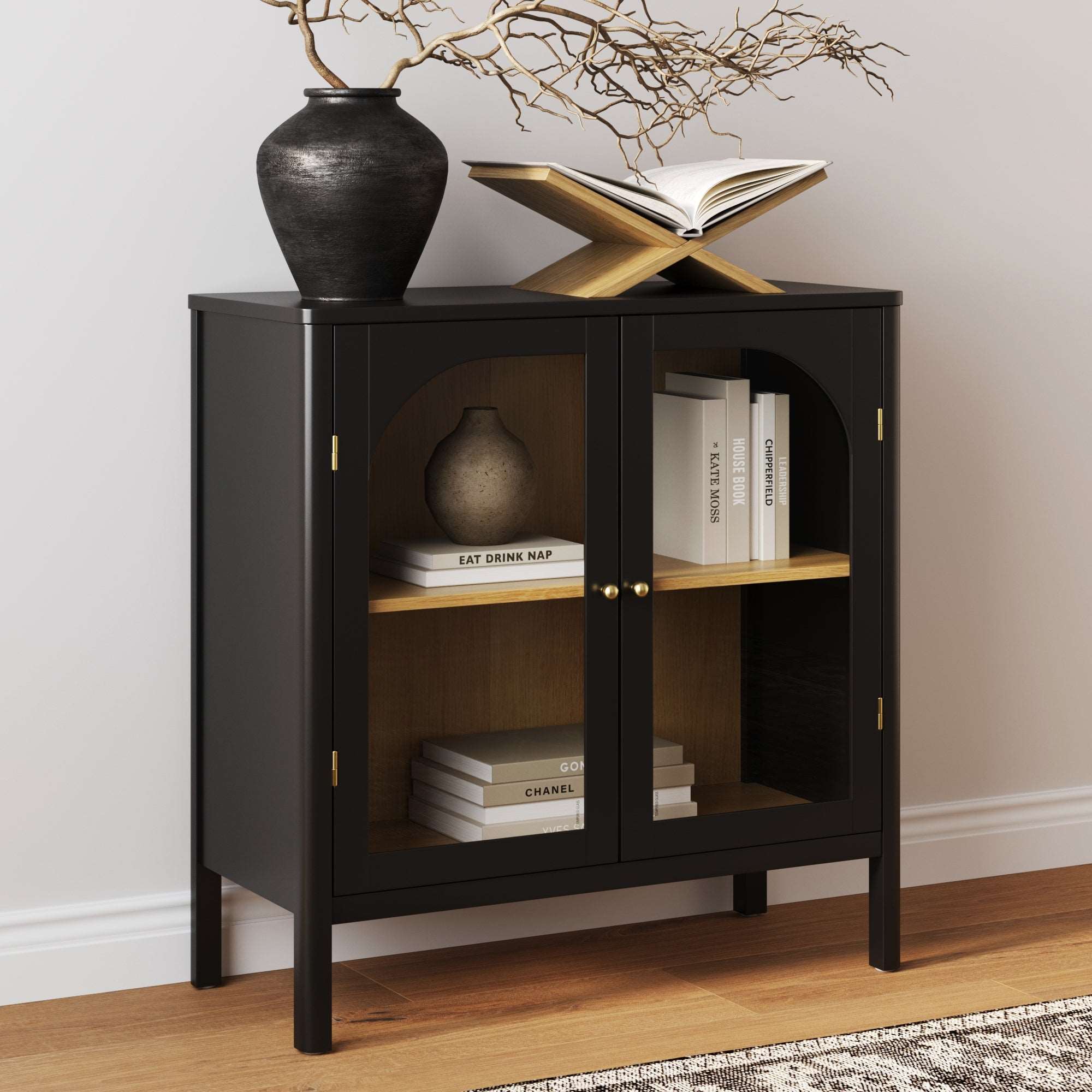 Solid Wood & Glass Door Storage Cabinet Matte Black-Light Oak