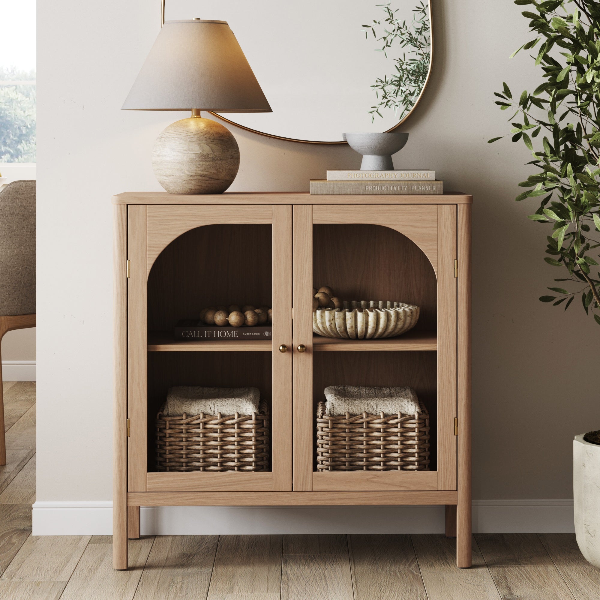 Wood & Glass Door Storage Cabinet Raw Oak