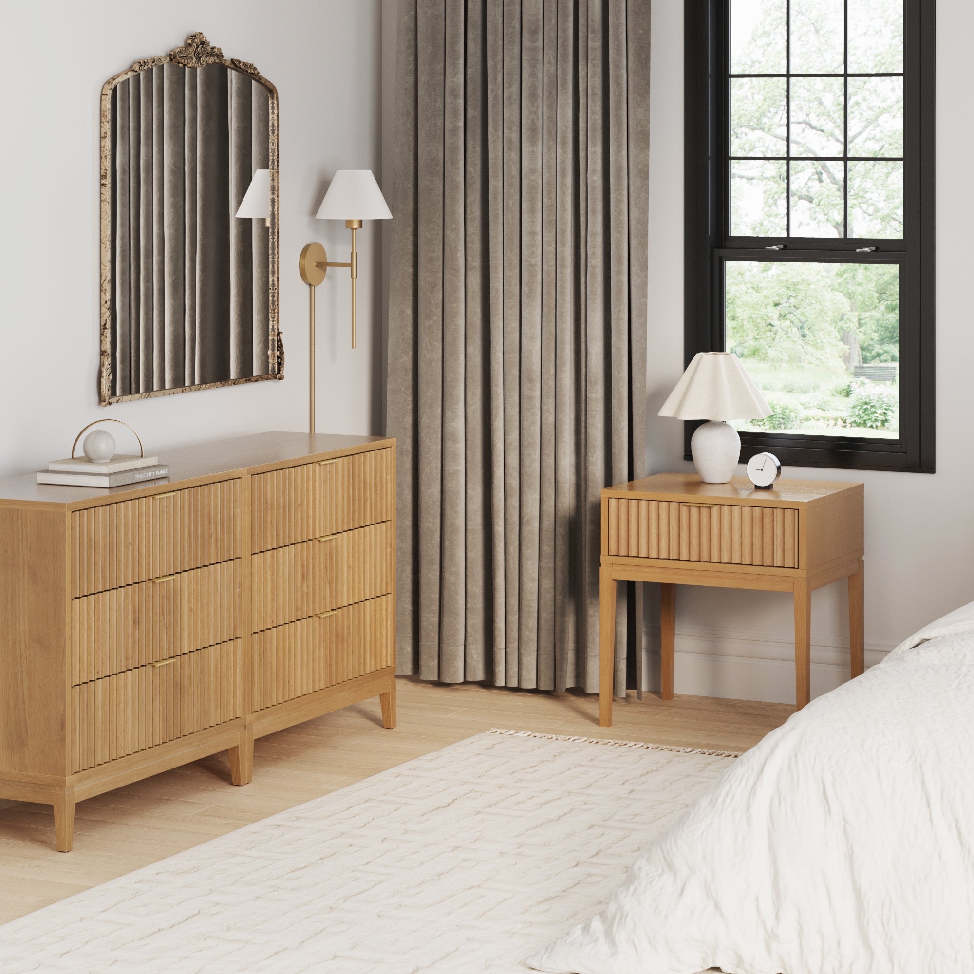 Fluted Wood Bedroom Set Warm Pine