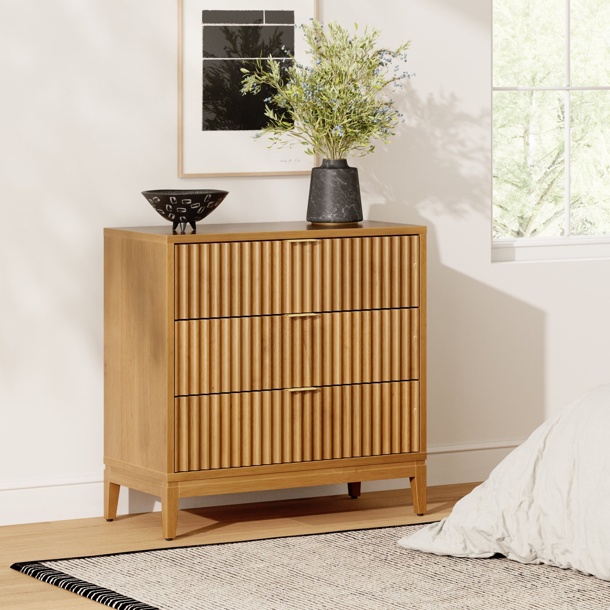 Mid-Century Fluted 3-Drawer Dresser Warm Pine