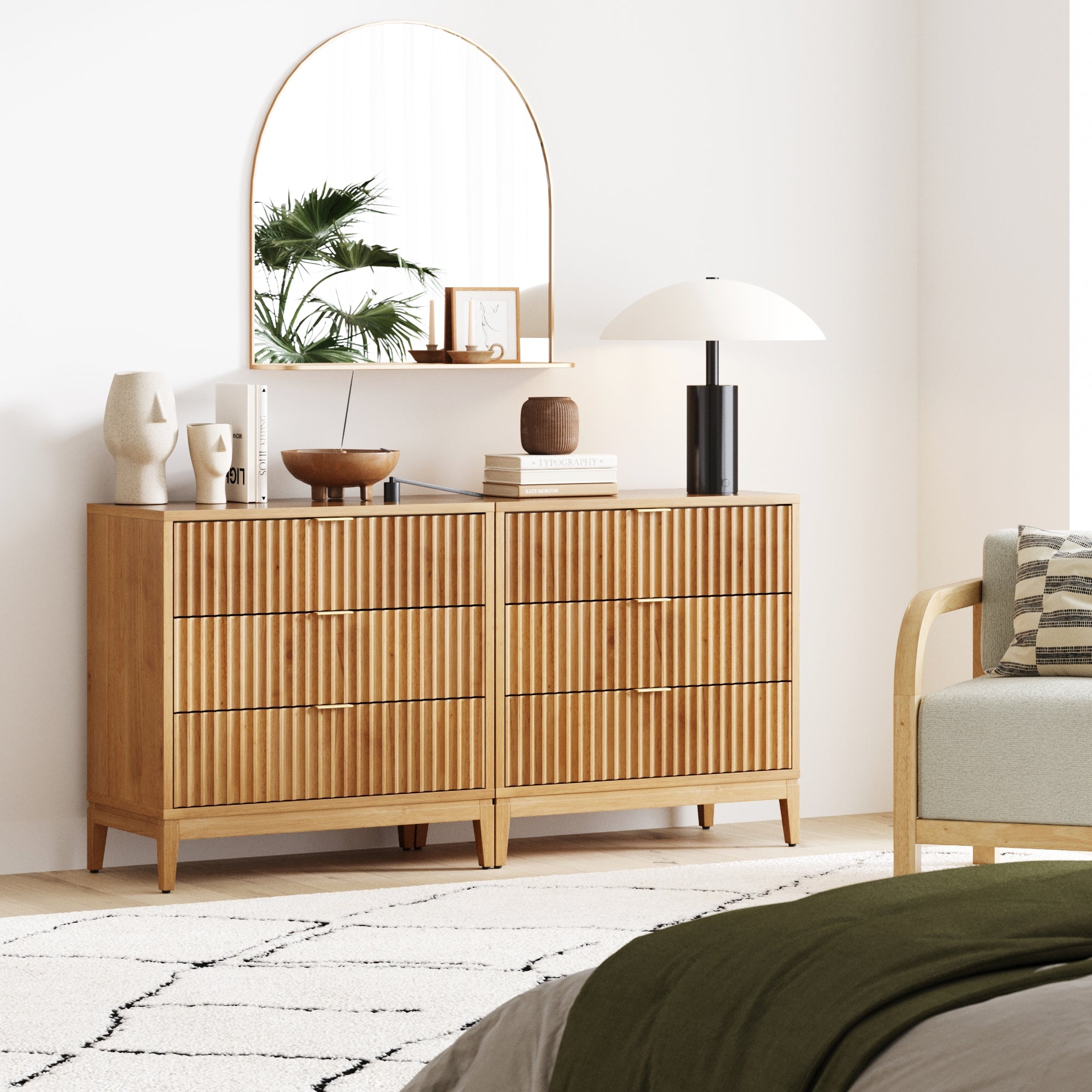 Mid-Century Fluted 3-Drawer Dresser Warm Pine