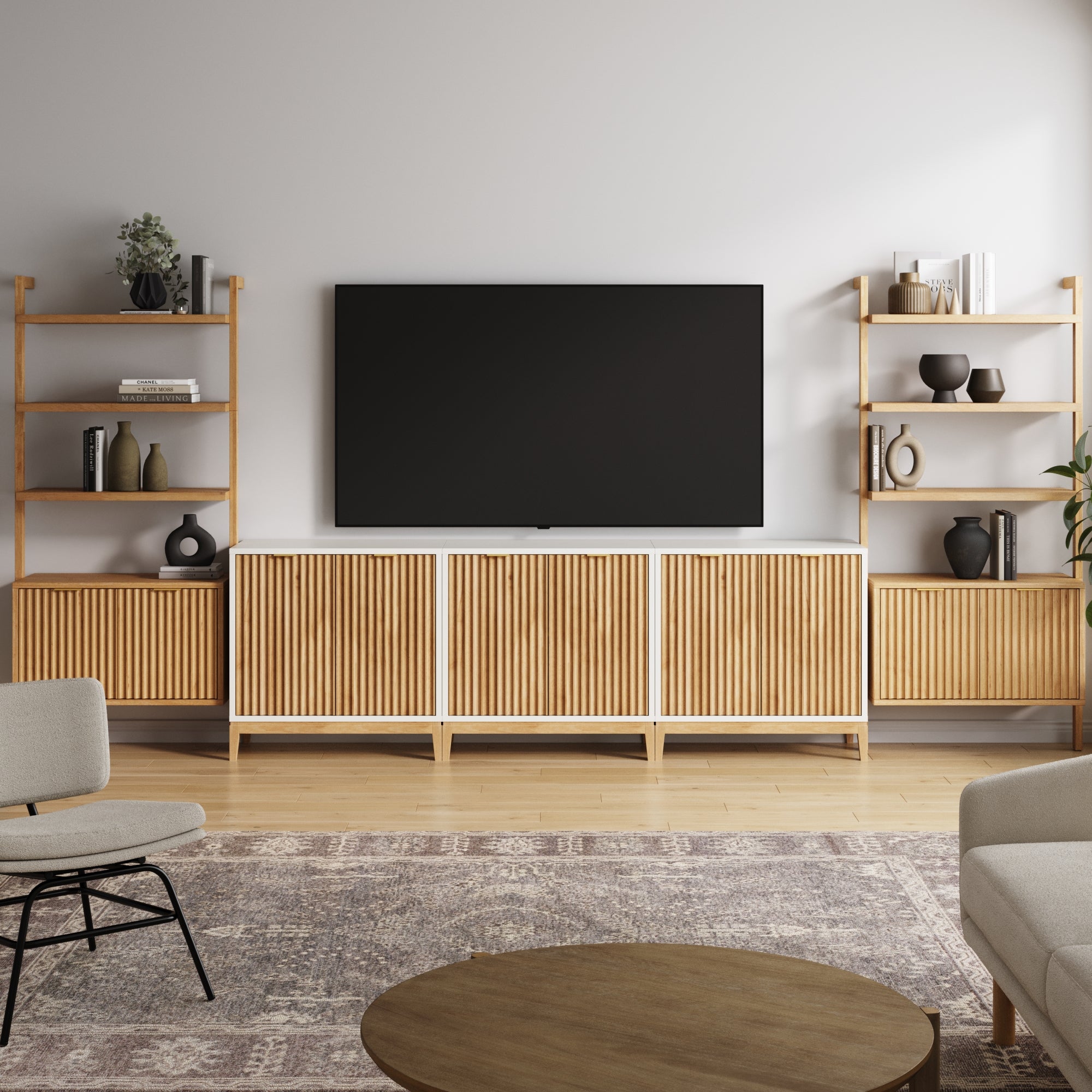 Mid-Century Entertainment Center Light Brown White (3 Cabinets)