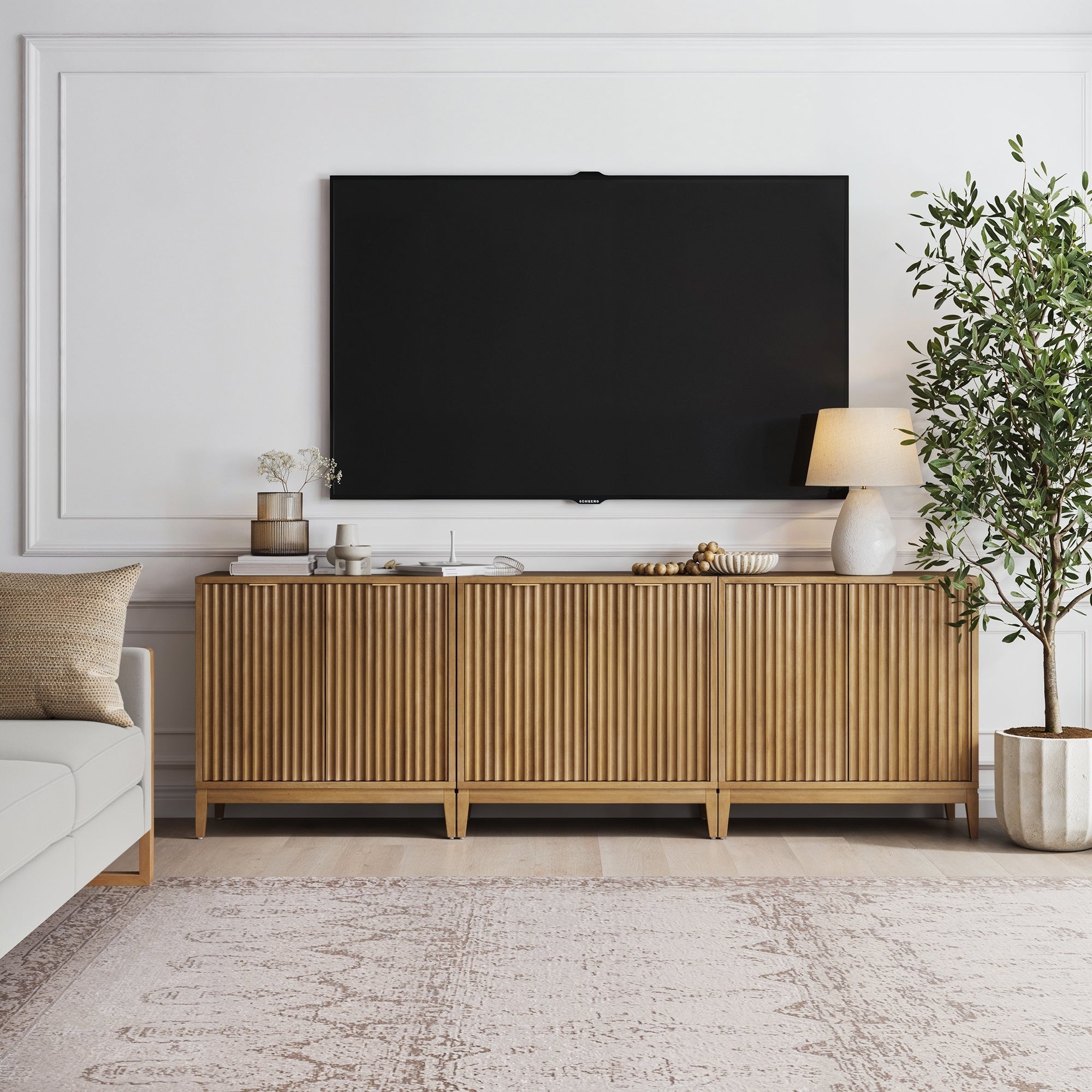 Mid-Century Fluted TV Console Credenza Light Brown (Set of 3)