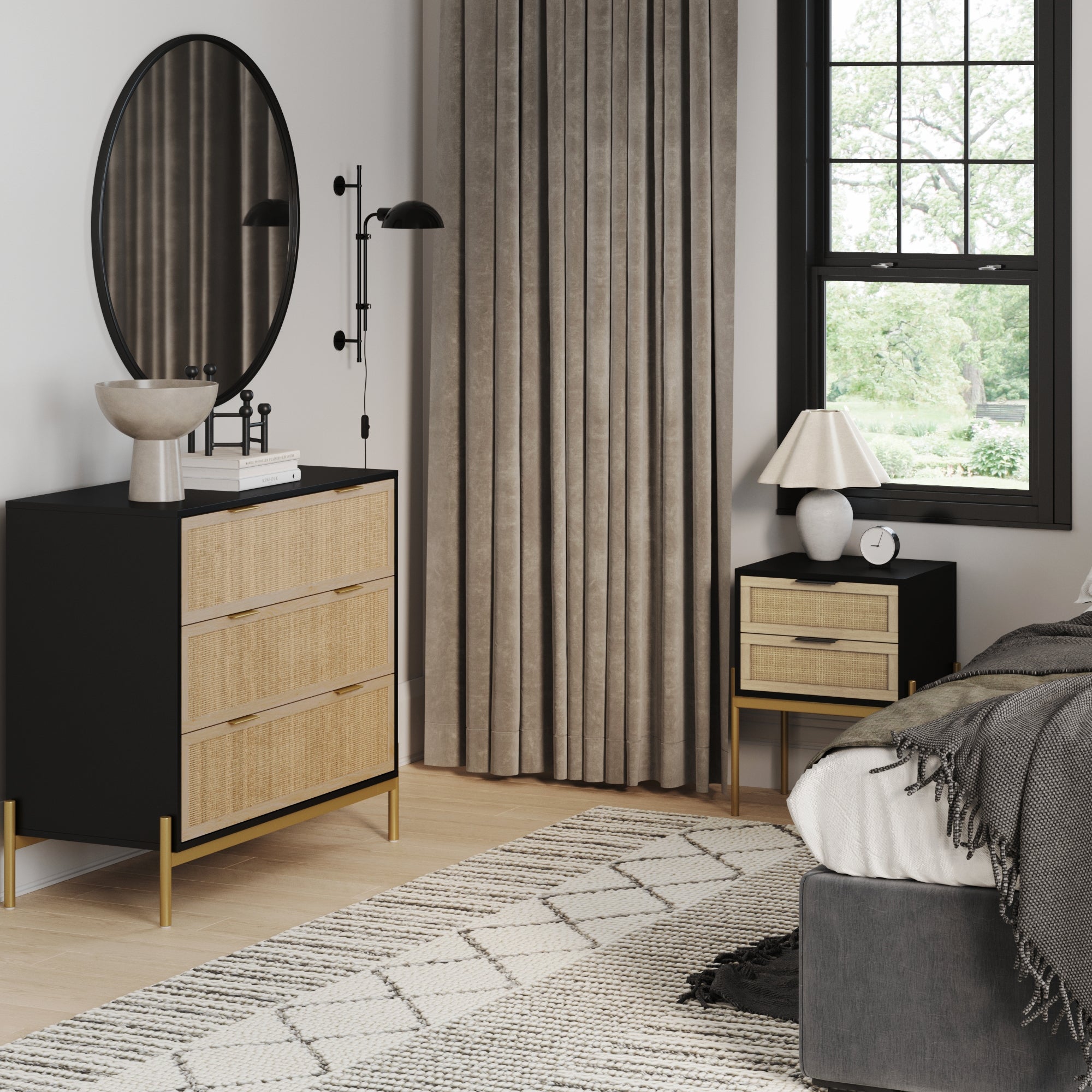 Black & Gold Rattan Nightstand and Dresser Set