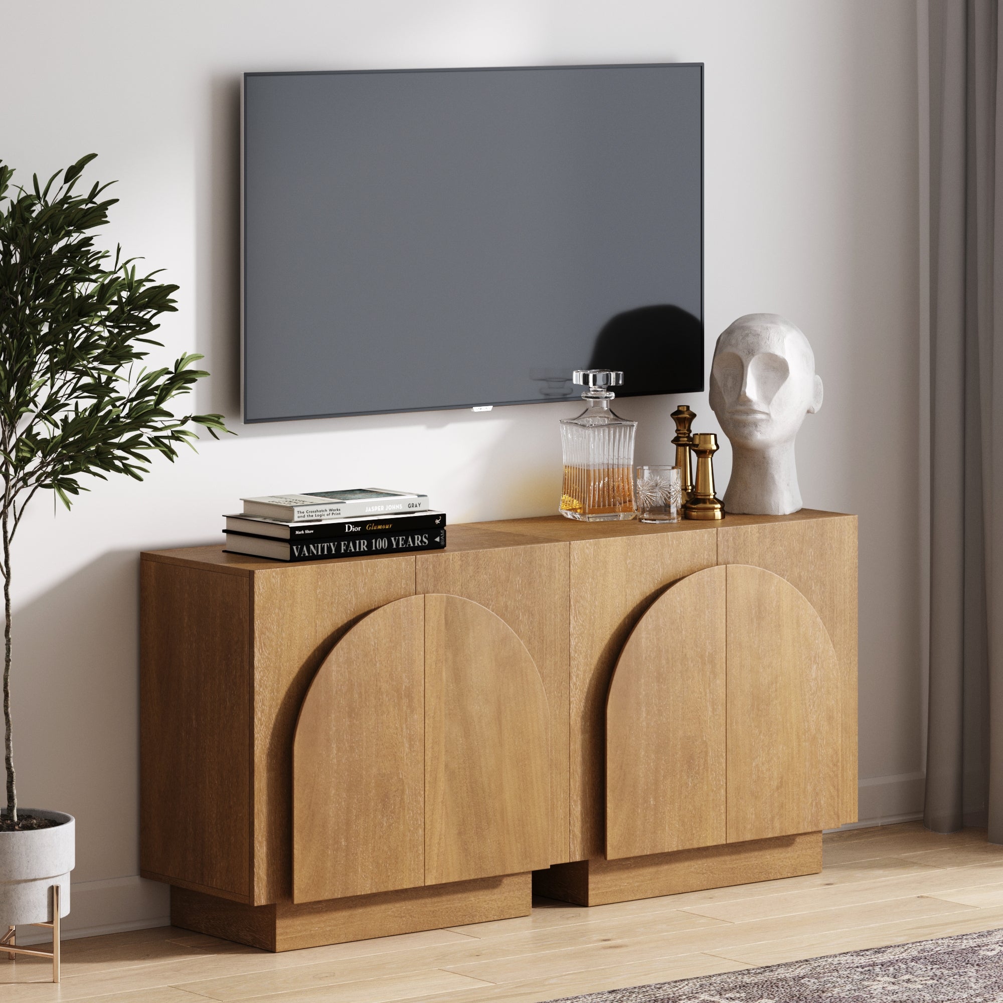 Arched TV Console Credenza Light Brown (Set of 2)