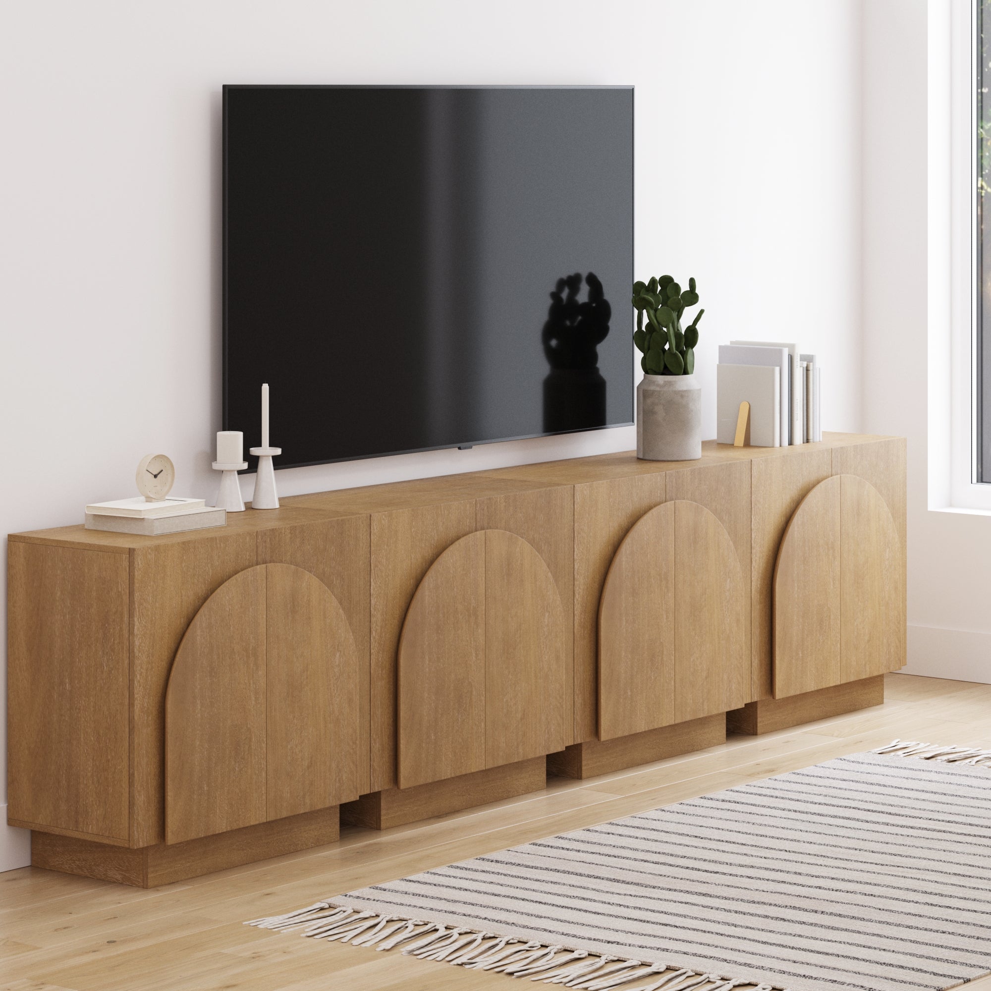 Large Arched TV Console Credenza Light Brown (Set of 4)