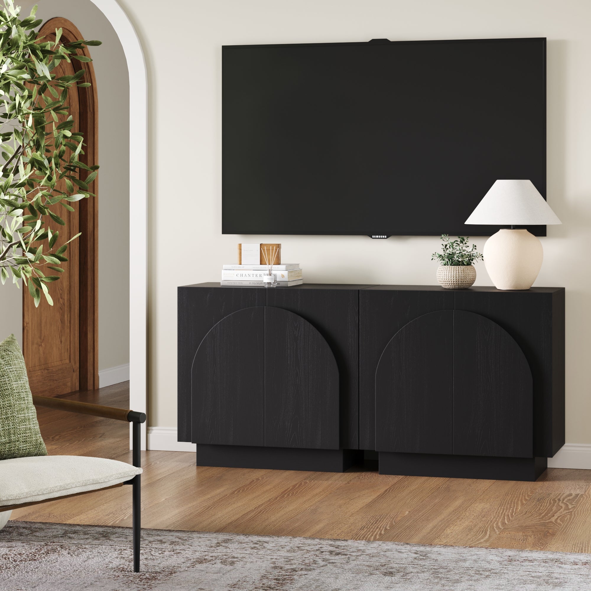 Arched TV Console Credenza Black (Set of 2)