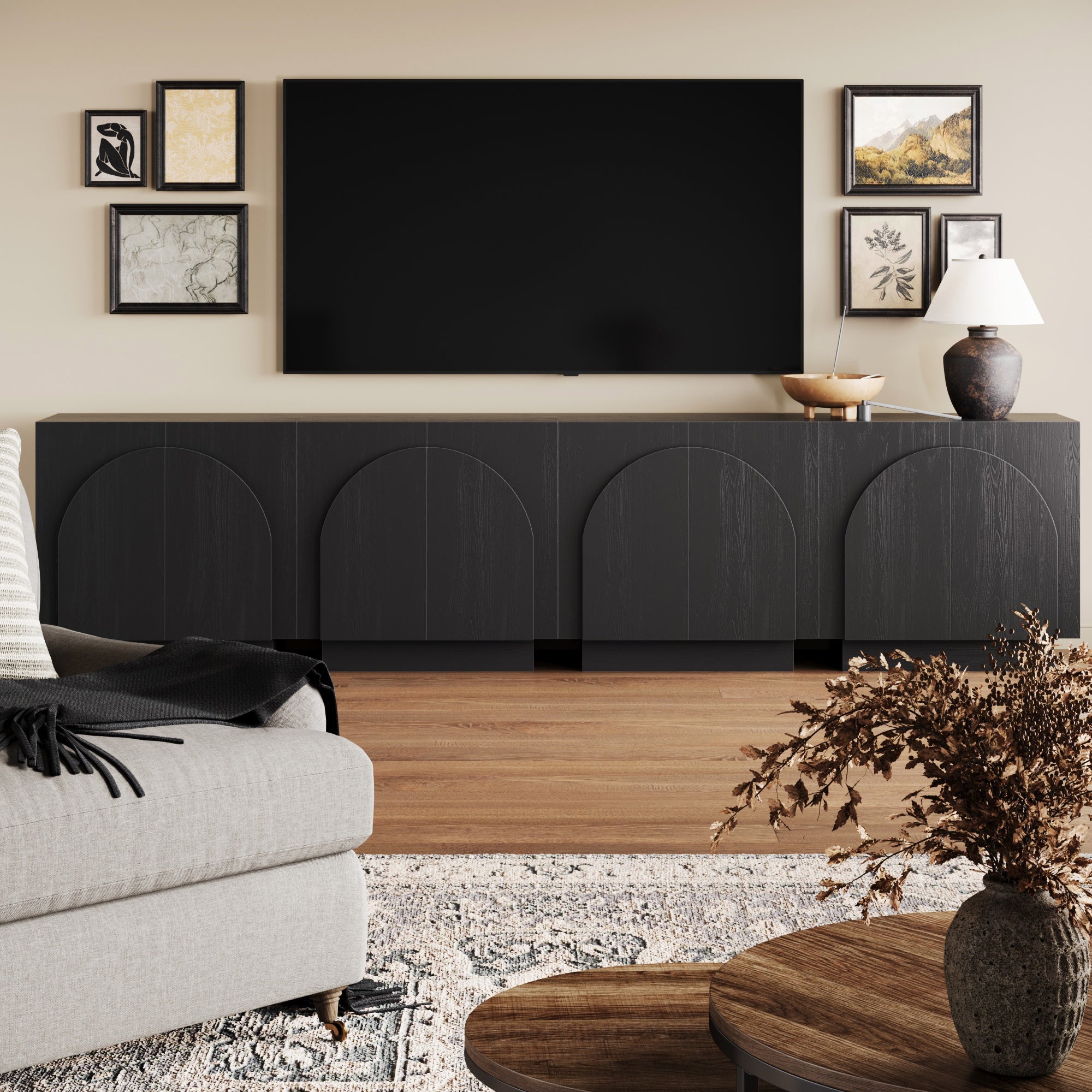 Large Arched TV Console Credenza Black (Set of 4)