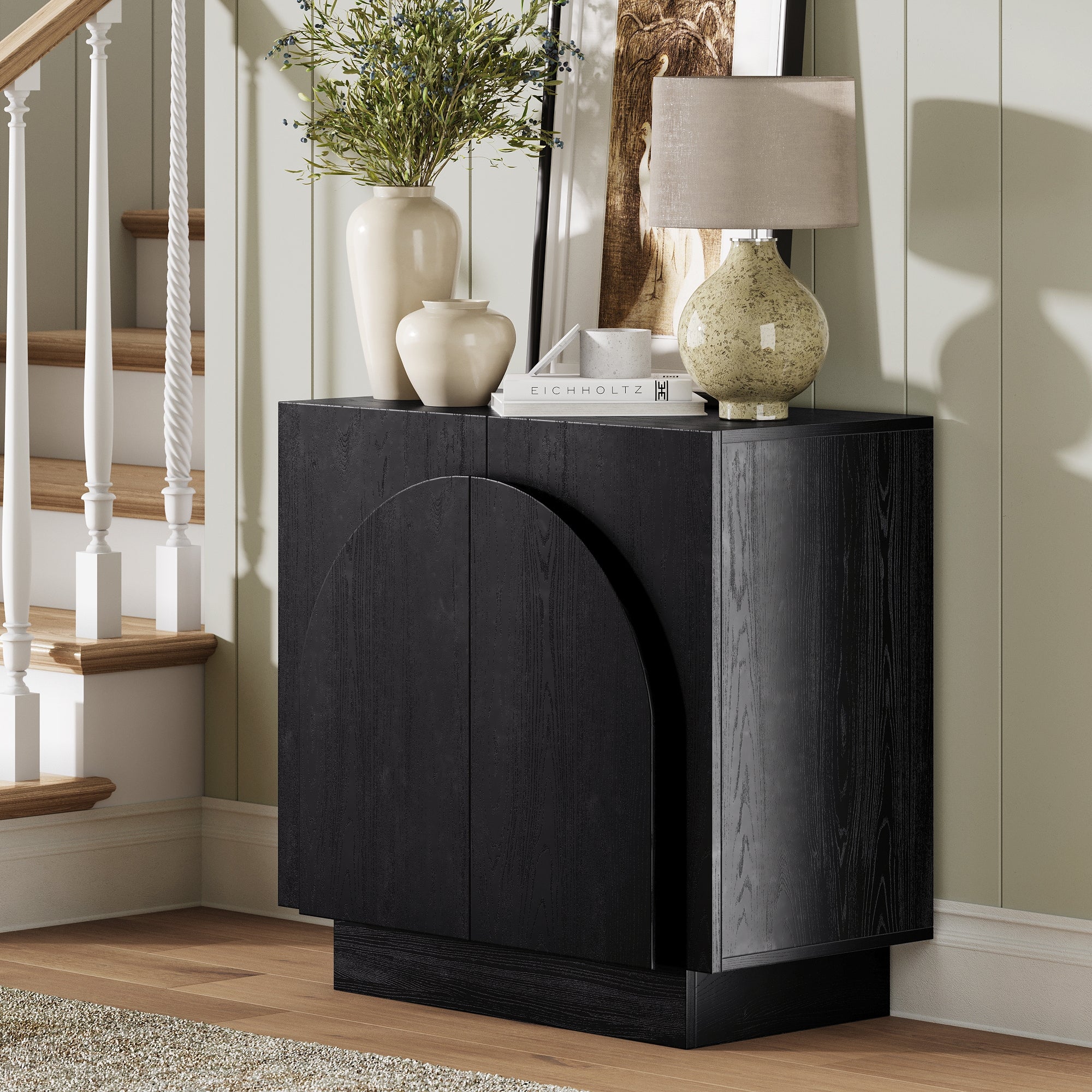 Wood Mid-Century Arched Storage Cabinet Black