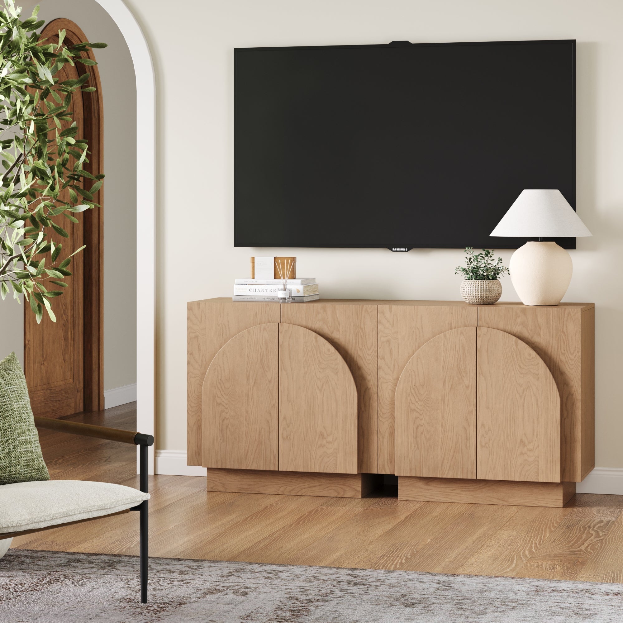 Arched TV Console Credenza Oak (Set of 2)