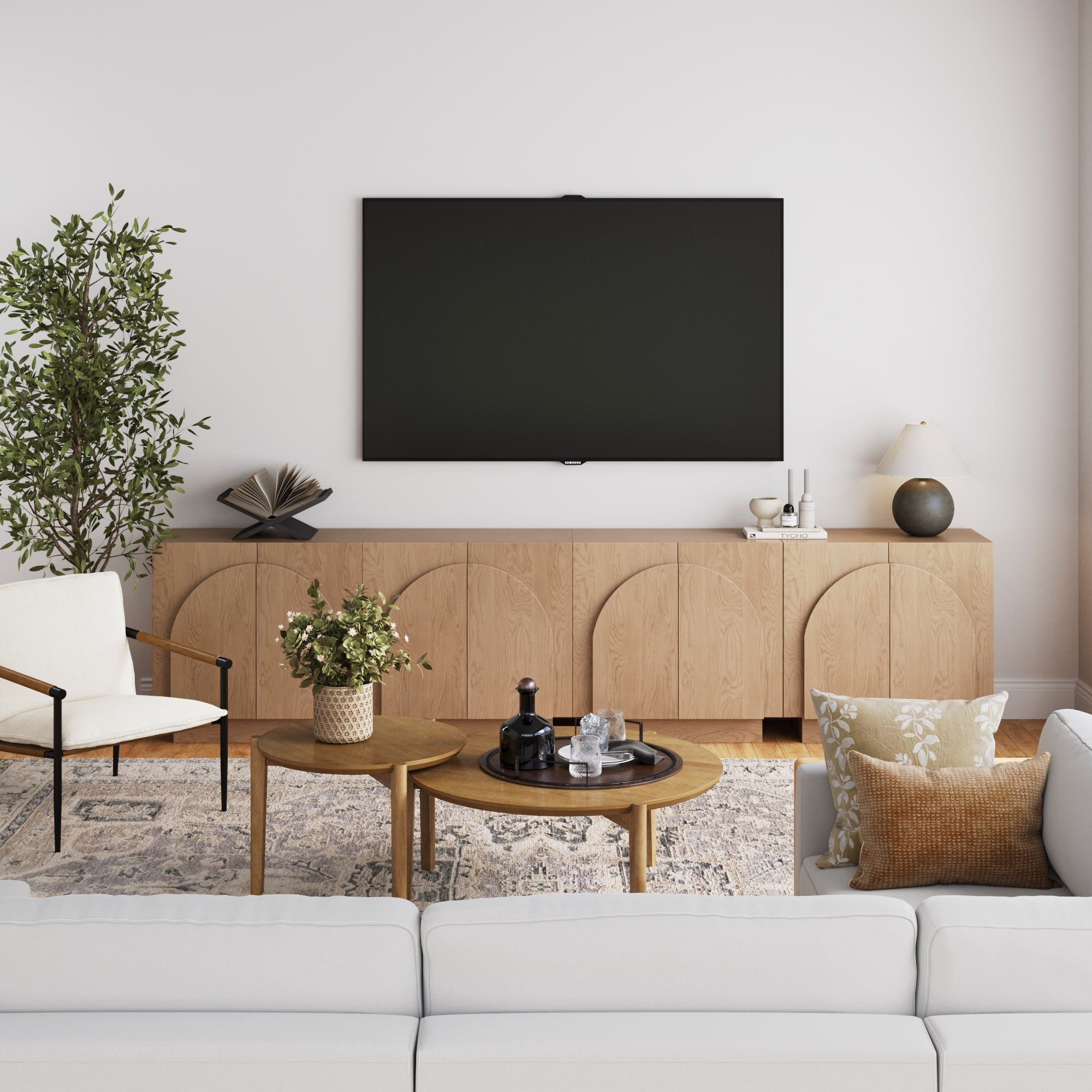 Large Arched TV Console Credenza Oak (Set of 4)