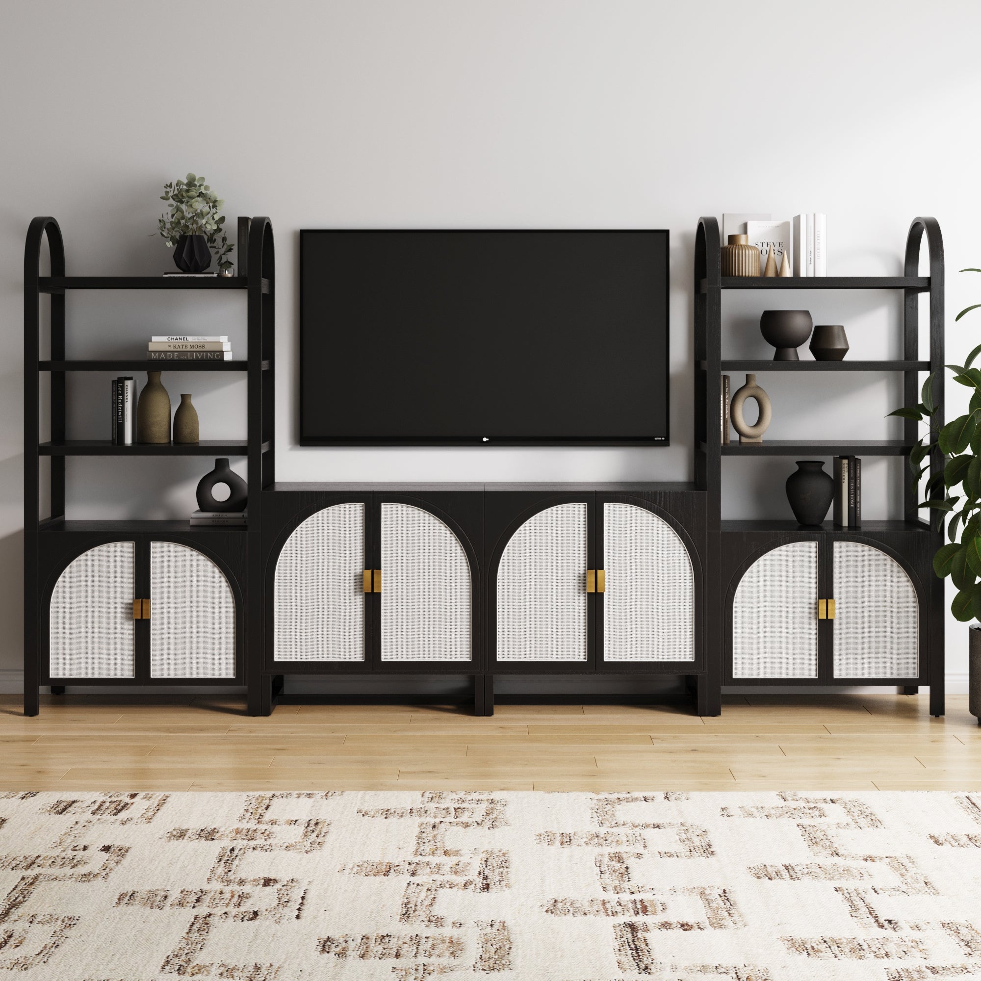 Boho Arched Bookshelf & Cabinet Set TV Stand Black