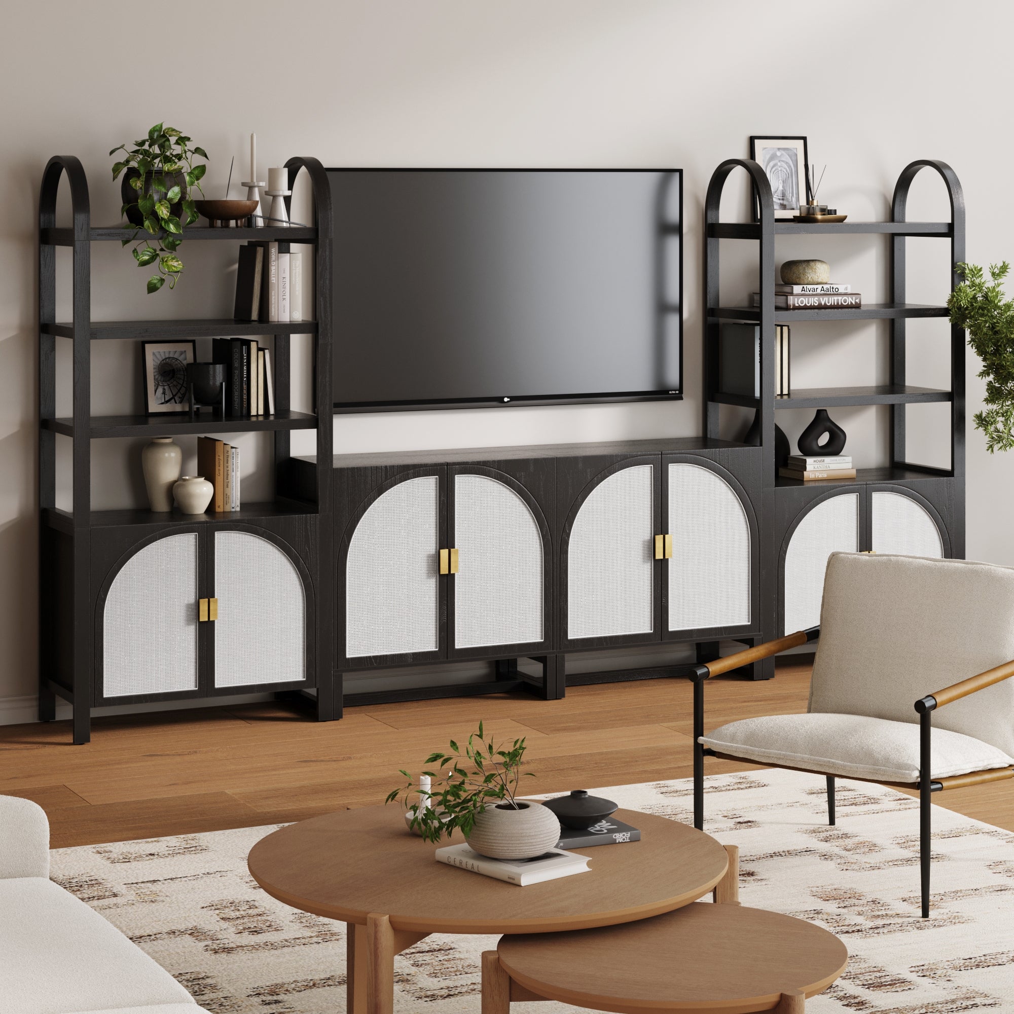 Boho Arched Bookshelf & Cabinet Set TV Stand Black