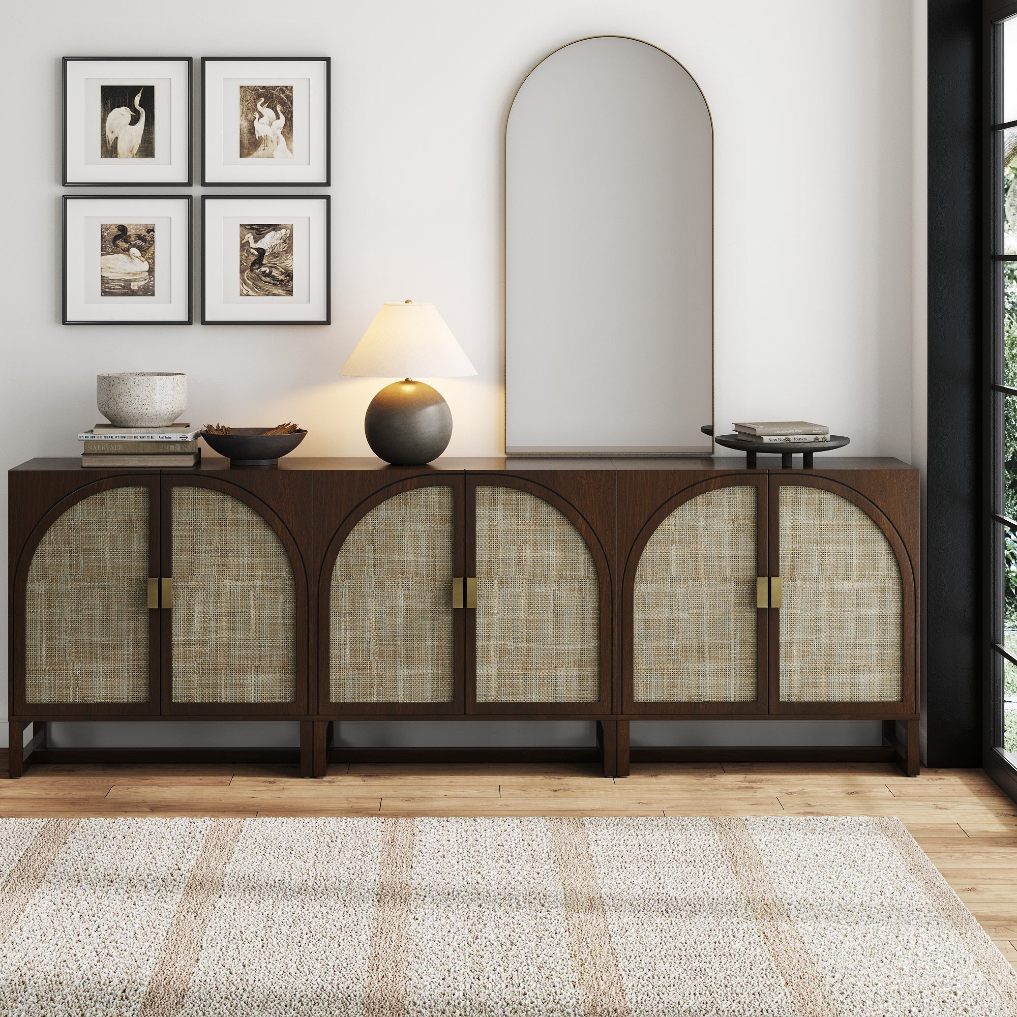 Boho Arched TV Console Credenza Brown (Set of 3)