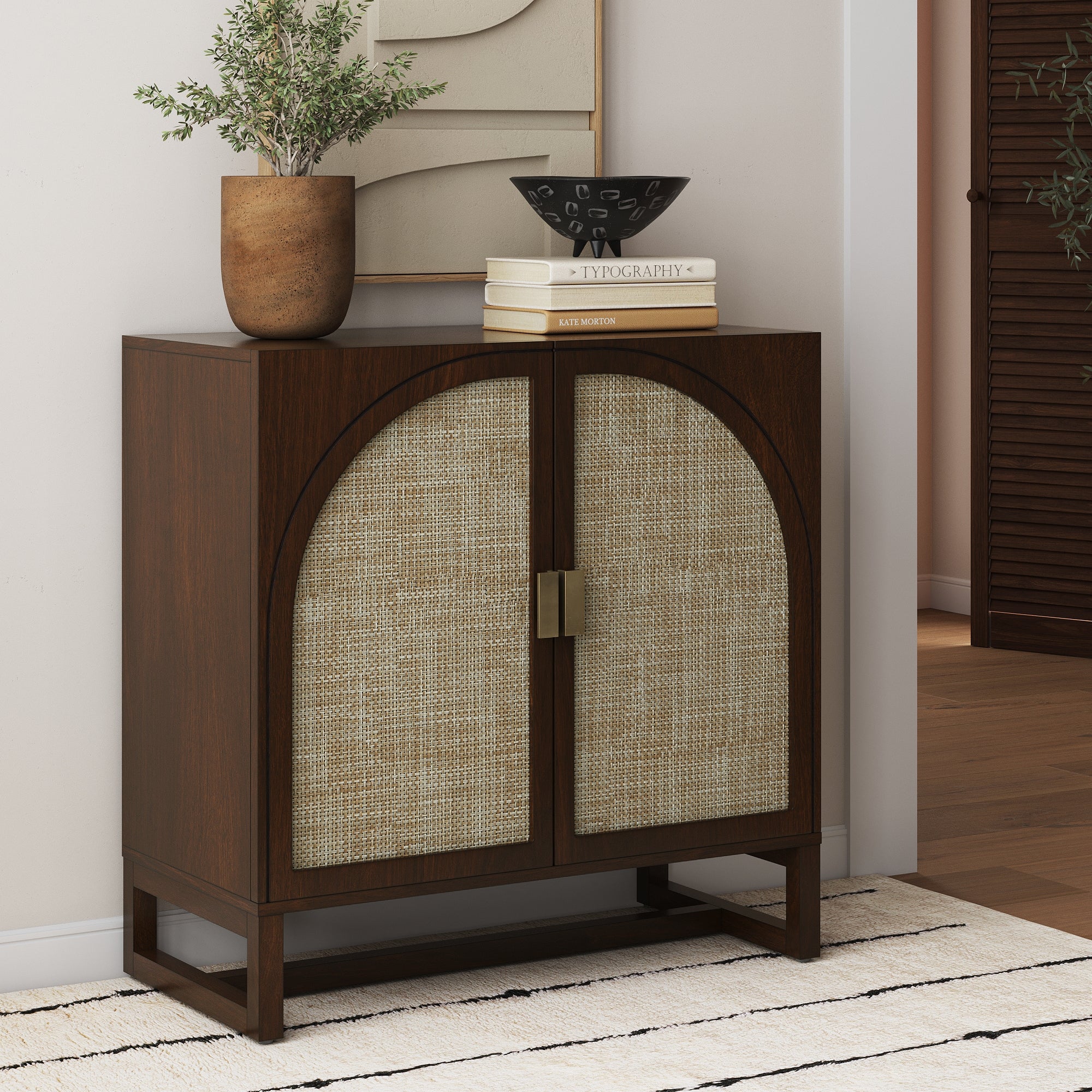 Boho Rattan Arched Door Storage Cabinet Brown