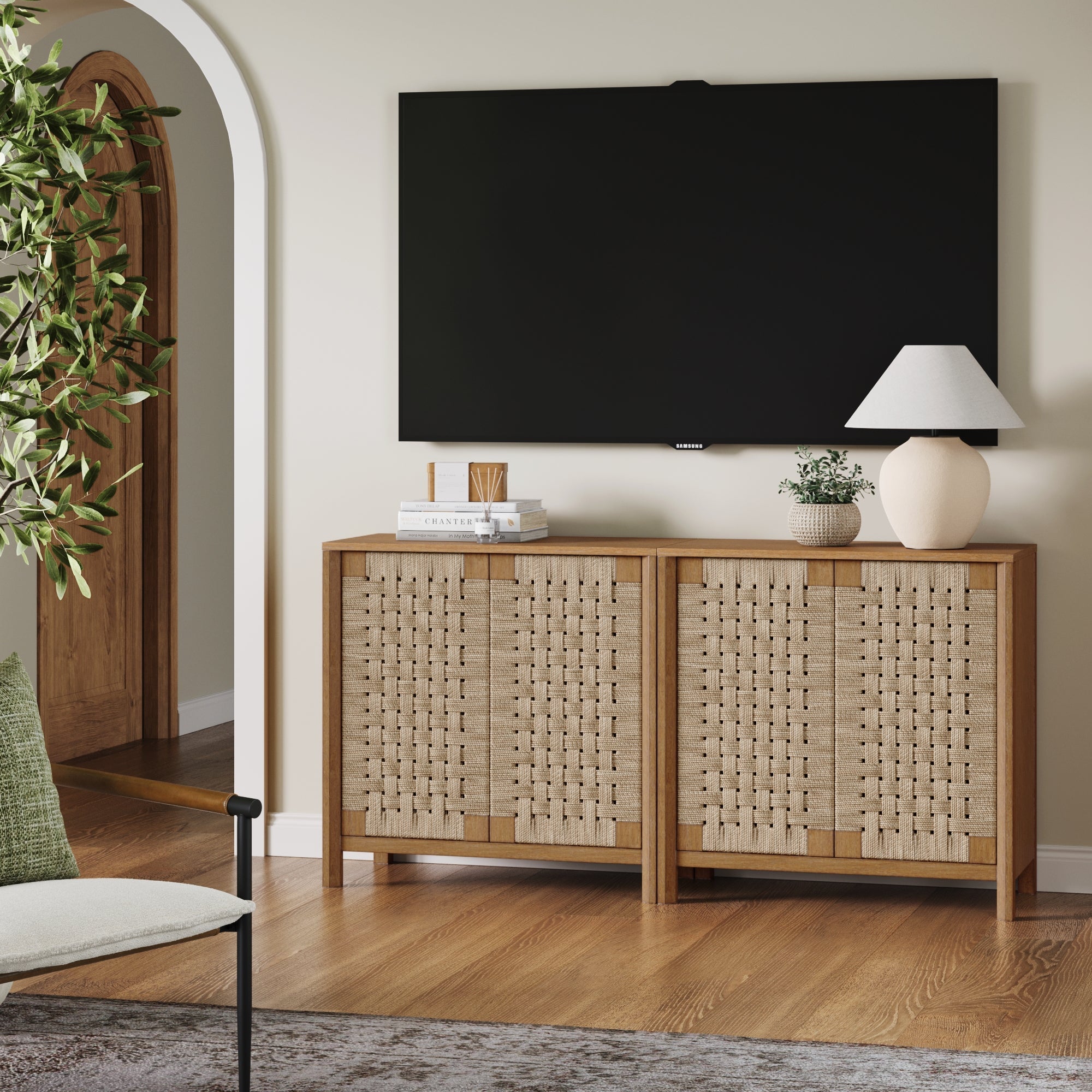 Boho Woven Seagrass TV Console Credenza Light Brown (Set of 2)