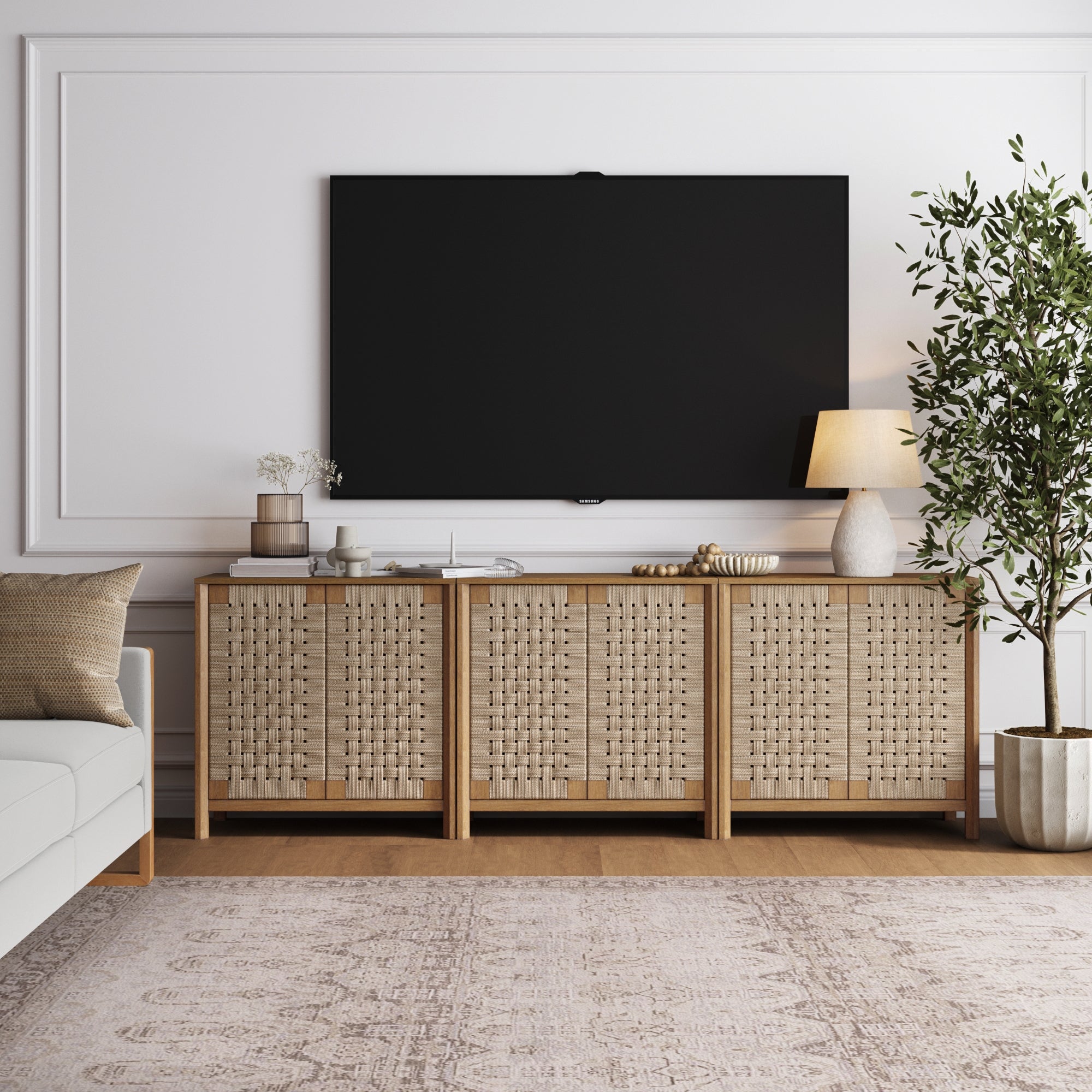 Boho Woven Seagrass TV Console Credenza Light Brown (Set of 3)