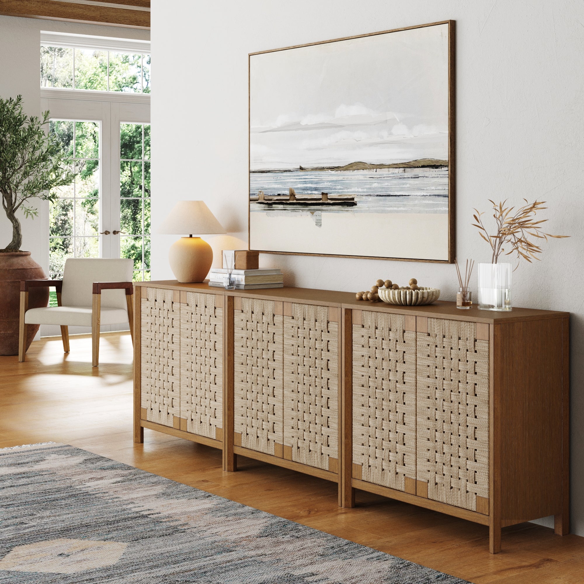 Boho Woven Seagrass TV Console Credenza Light Brown (Set of 3)