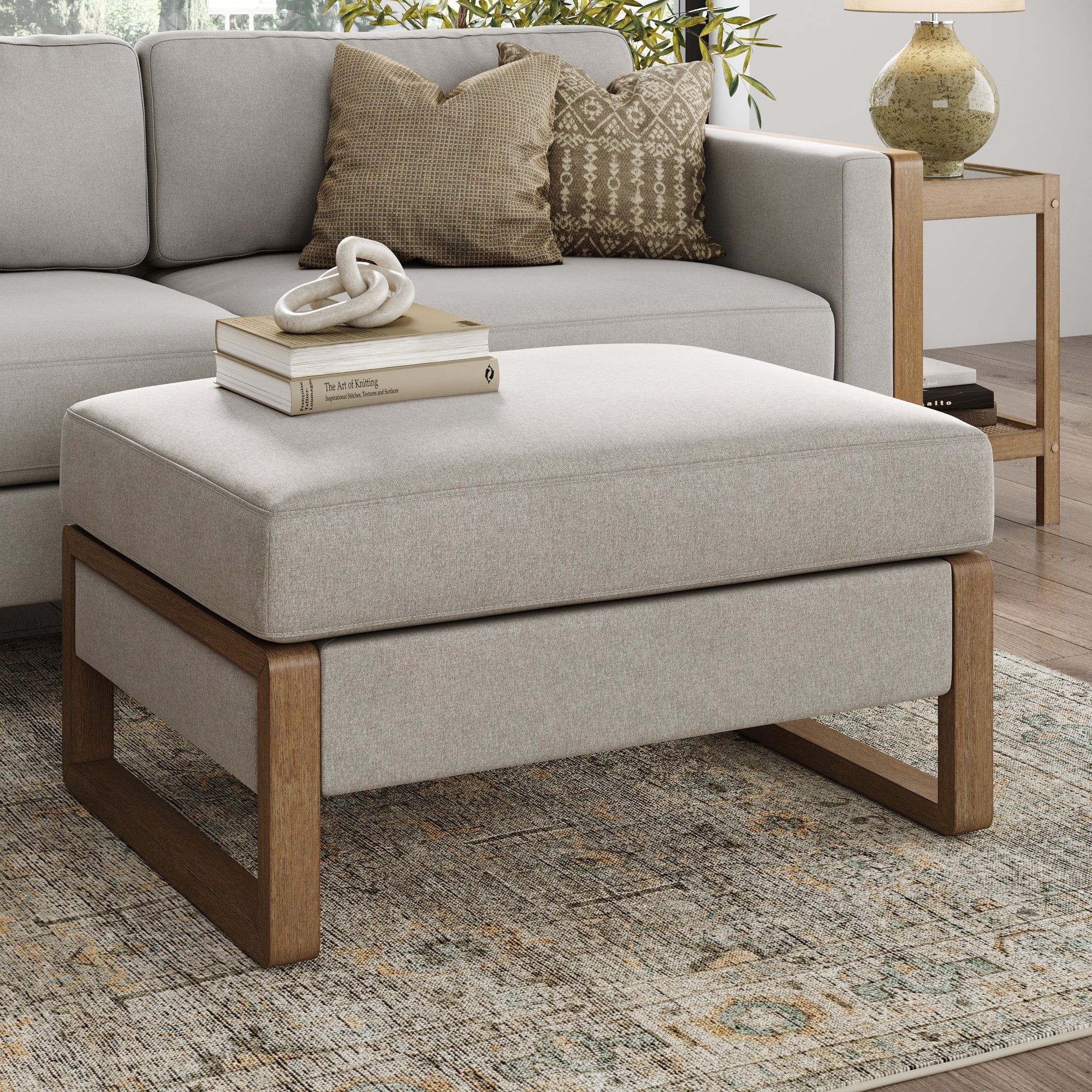 Soft Fabric Wood Frame Hidden Storage Ottoman Beige