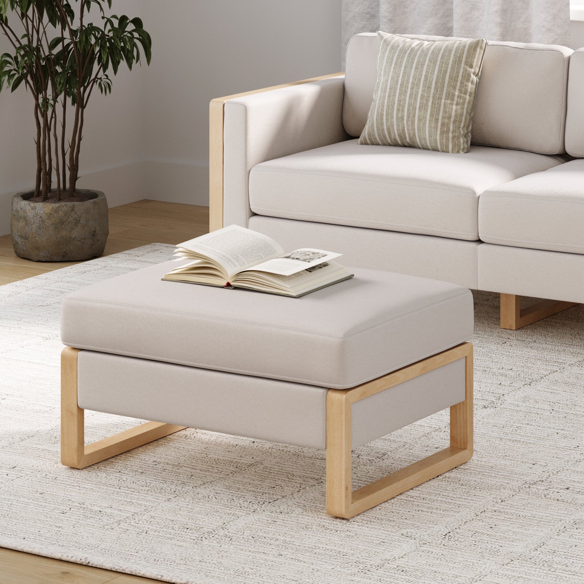 Soft Fabric Wood Frame Hidden Storage Ottoman Bisque