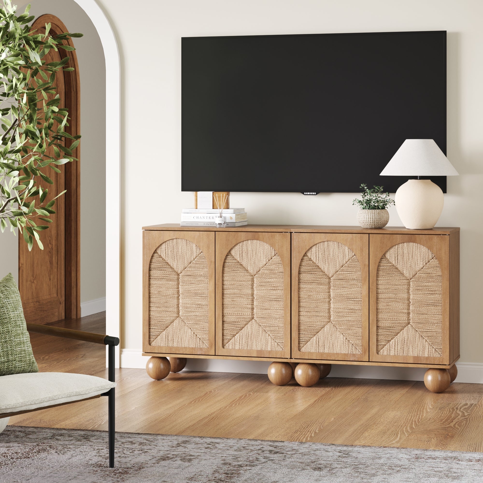 Seagrass Arched TV Console Credenza Light Brown (Set of 2)