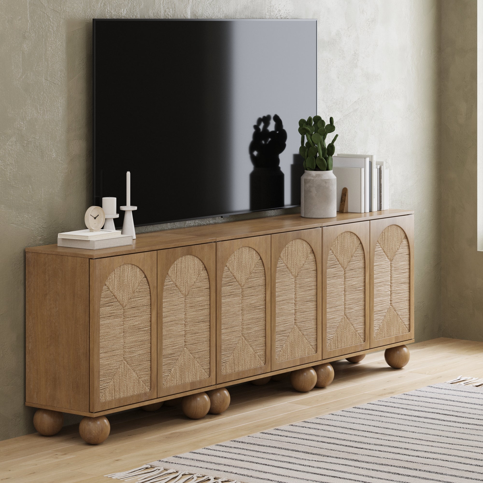 Seagrass Arched TV Console Credenza Light Brown (Set of 3)