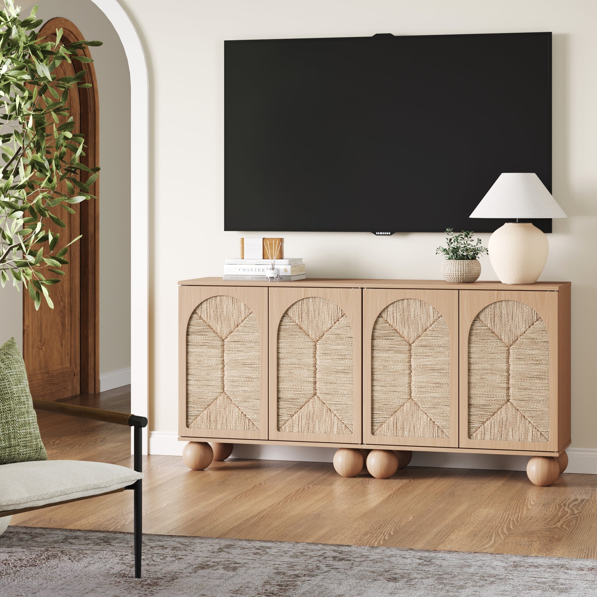 Seagrass Arched TV Console Credenza Raw Oak (Set of 2)